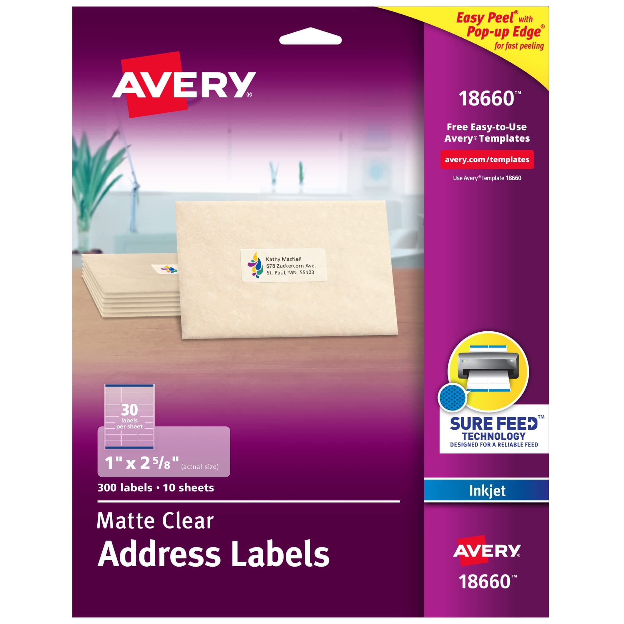 Easy Peel Mailing Labels for Ink Jet Printers, 1 x 2-5/8 Inches, Clear, Pack of 300 (18660) by Avery