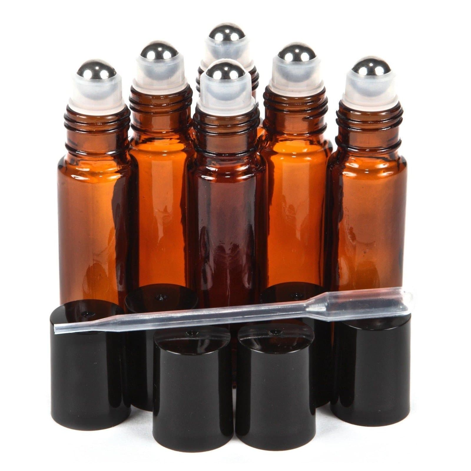 6pcs/Set - 10ml (1/3 Ounce) Empty Refillable Amber/ Brown Metal Roller Ball Roll on Glass Bottles Kit with Dropper Pipettes and Free Transfer Funnel Cosmetics Containers For Fragrance, Aromatherapy Essential Oil, Perfume, Serum, Cosmetics, Lotion, Treatment, Both At Home and Travel Outdoor Suitable (6 Bottles, 3 Pipettes, 1 Funnel)