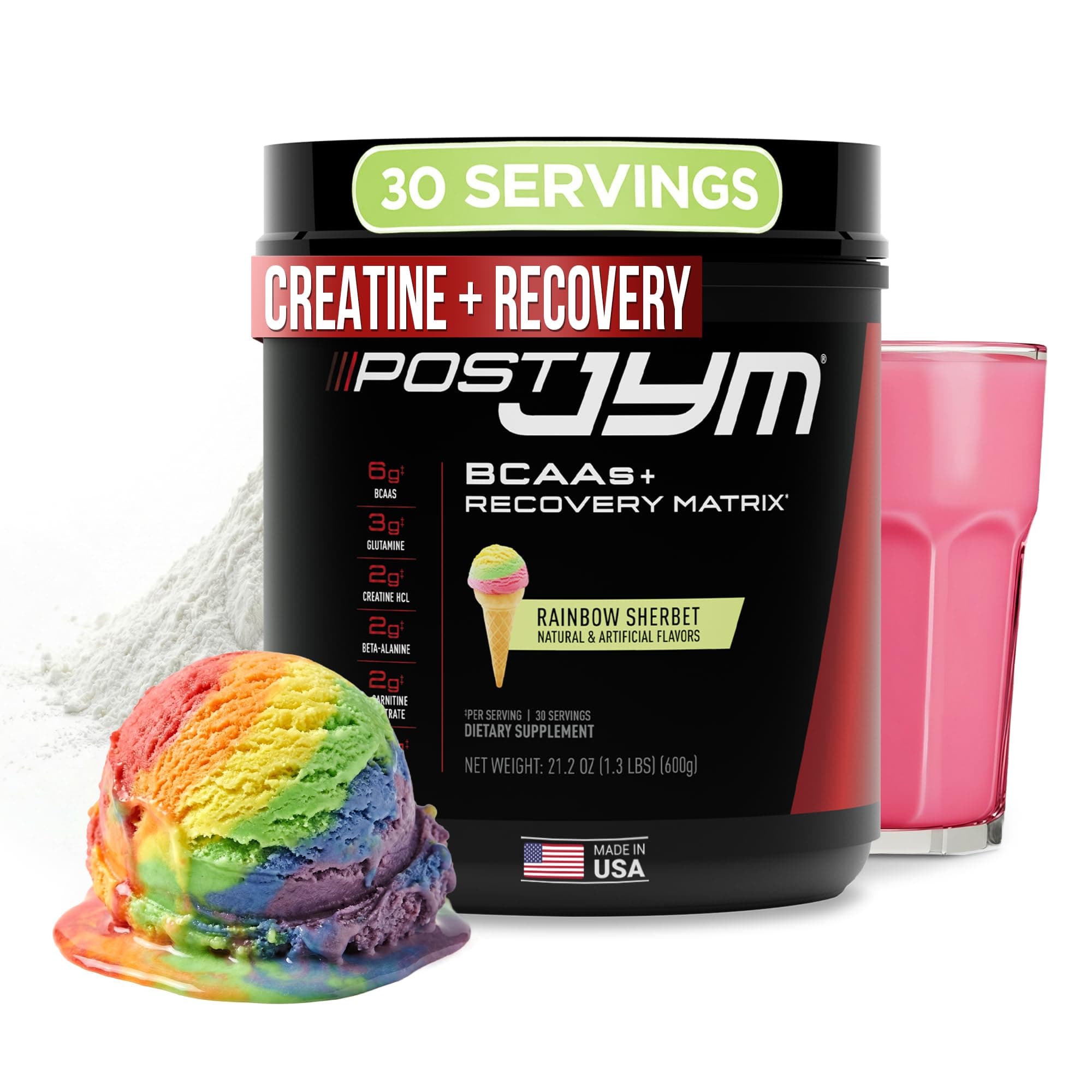 JYM Supplement Science Post JYM Active Matrix Rainbow Sherbet Amino Recovery Powder Pure Creatine HCL, BCAA’s, Glutamine, Carnitine, Betaine, Taurine for Strength, Repair, Performance 30 Servings