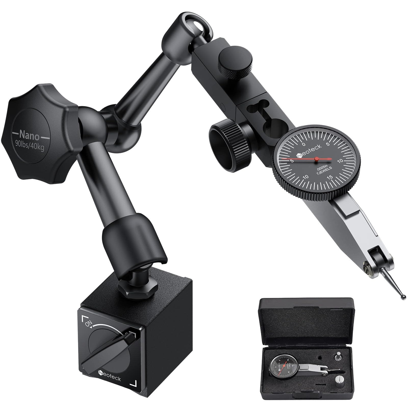 Neoteck Dial Test Indicator with Magnetic Base Stand and Storage Case, 0-0.03"/0.0005" Test Indicator Set with 2 Steel Dovetail Clamps 3/8'' and 5/32'' for Machine Set-Up-Black