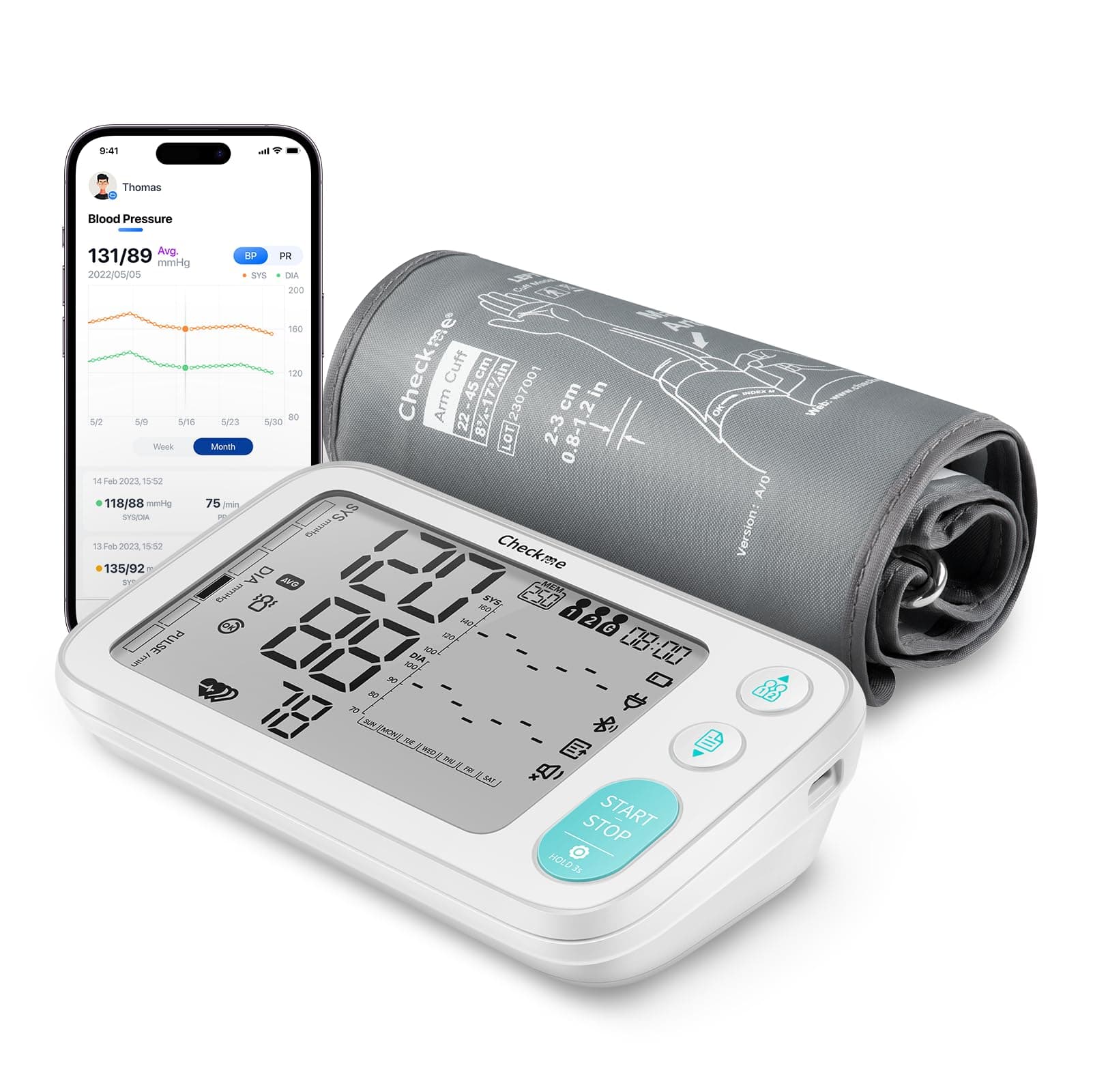 Blood Pressure Monitors for Home Use, Automatic Digital BP Machine with Bluetooth, Dual Display with 7 Days Trends, XL Size Cuff 8.7-17.7˝, 2 * 250 Storage, Dual Power Supply, Voice Broadcast