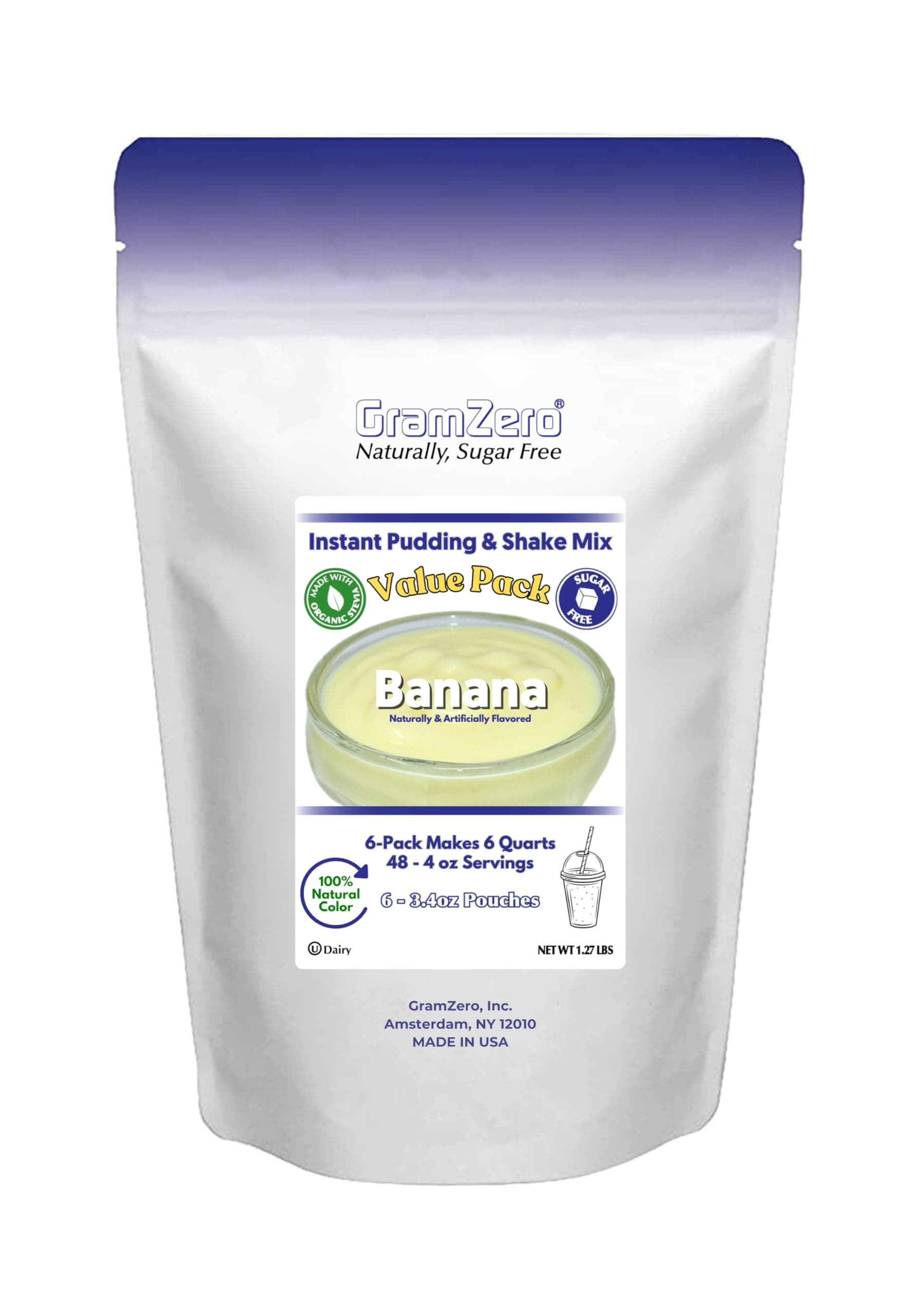 GramZero Natural Color BANANA Sugar Free Pudding Mix 6-Pack, Great For Nutrition Club Meal Replacement Shakes, Low Calorie Dessert, Stevia Sweetened
