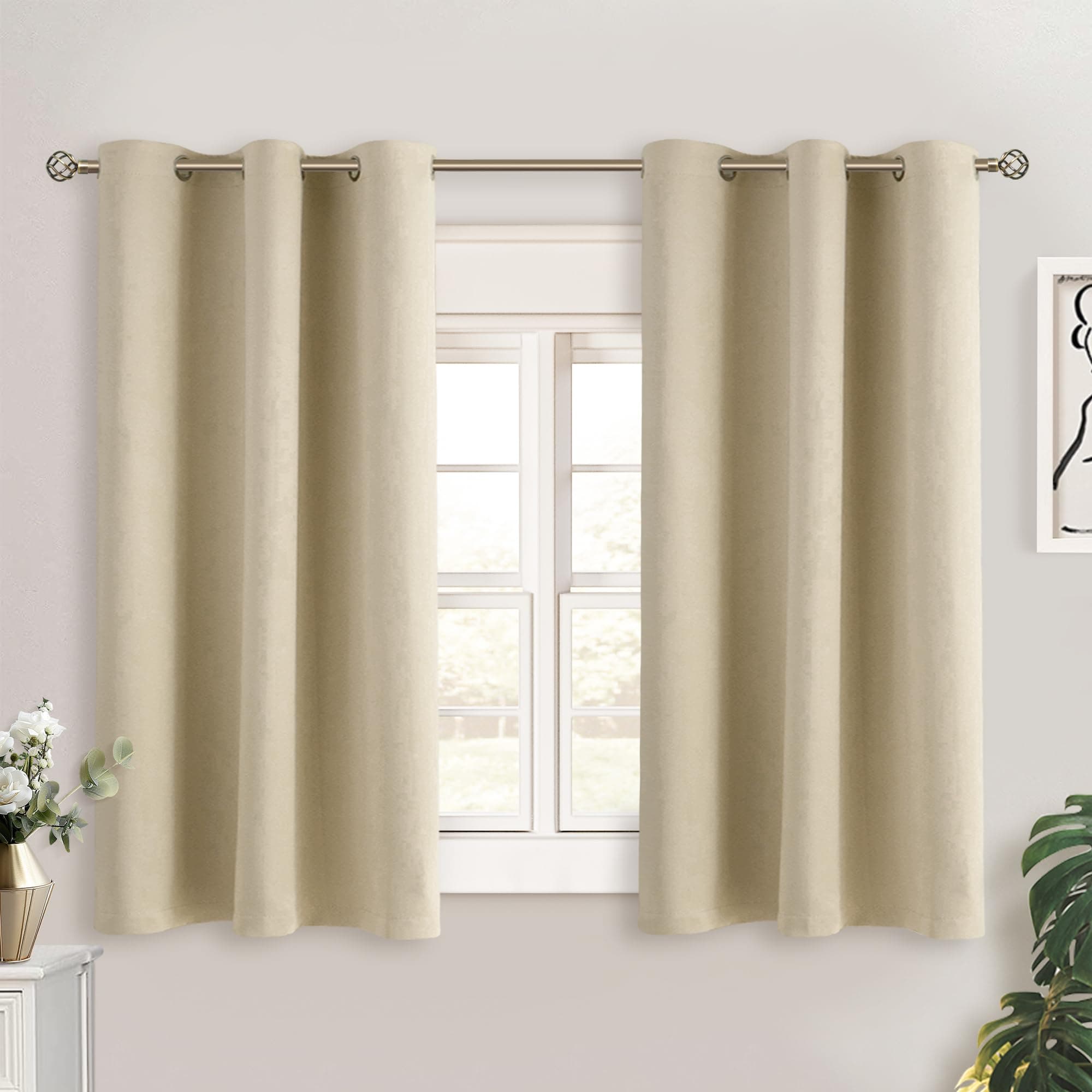 BGment Beige Short Room Darkening Curtains for Small Windows, 38 x 45 Inch Thermal Insulated Tier Set of 2 Panels Sun Blocking Drapes for Kitchen Bedroom