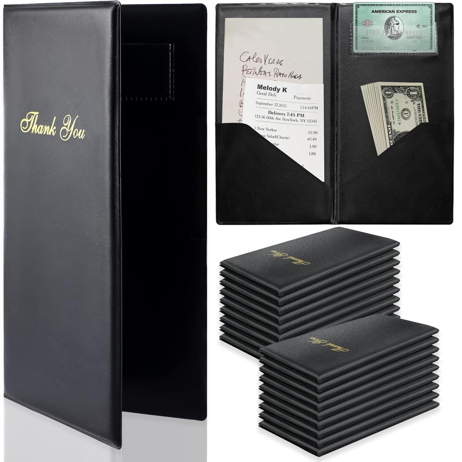 10 Pack Check Presenters for Restaurants 10"x5.5" Checkbook Presenters for Servers PVC Leather Guest Check Card Holder with Gold Thank You Imprint Black Guest Checkbook for Restaurants Cafe Bar Eatery