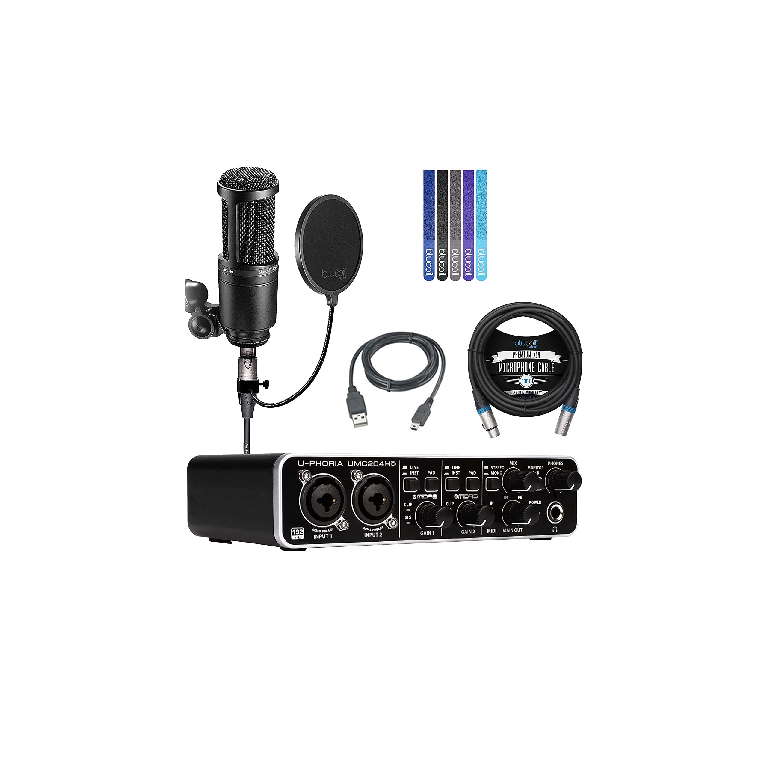 Behringer U-PHORIA UMC204HD USB MIDI/Audio Interface Bundle with Audio Technica AT2020 Cardioid Condenser Microphone, Blucoil Pop Filter, 10-FT Balanced XLR Cable, and 5-Pack of Reusable Cable Ties