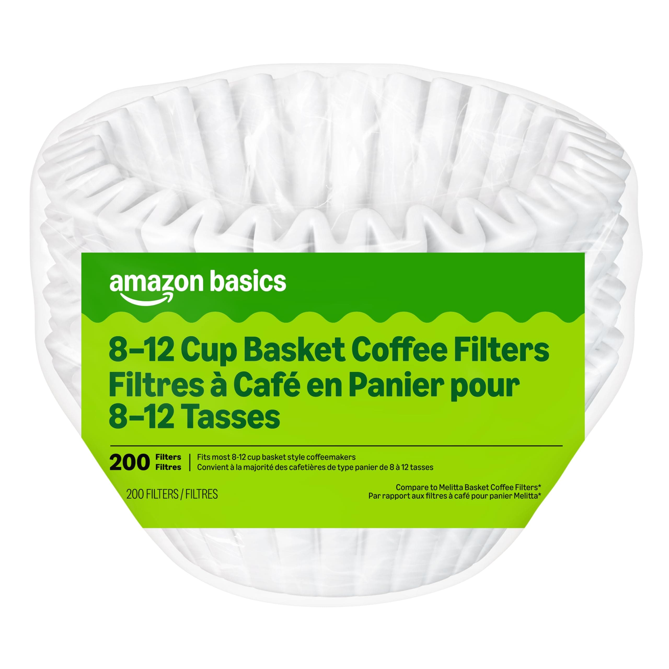 Amazon Basics Basket Coffee Filters for 8-12 Cup Coffee Makers, White, 200 Count