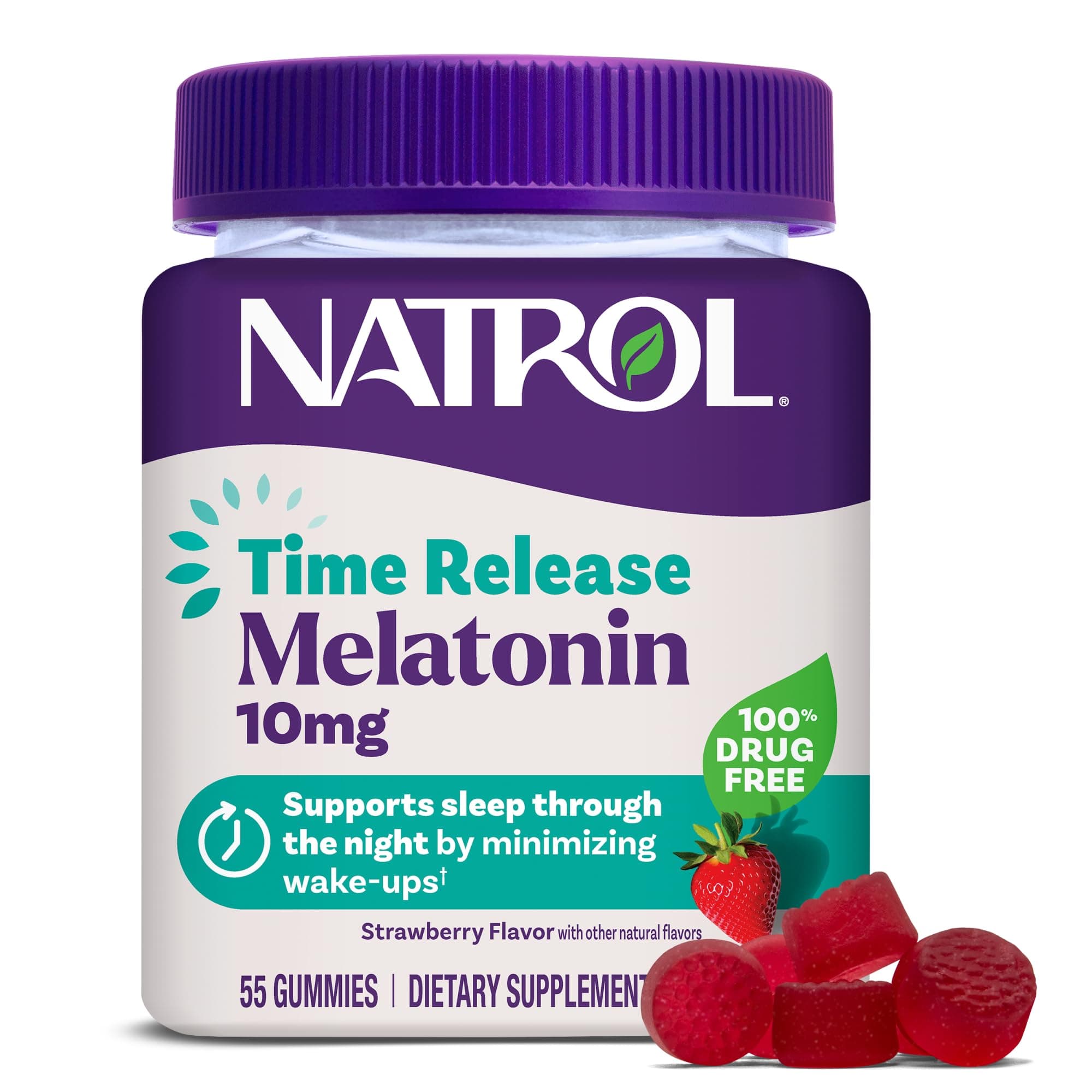 10 mg Melatonin Gummies, Time Release Sleep Gummies for Adults, Minimize Wake Ups, Strawberry-Flavored, 55 Count, 55 Day Supply