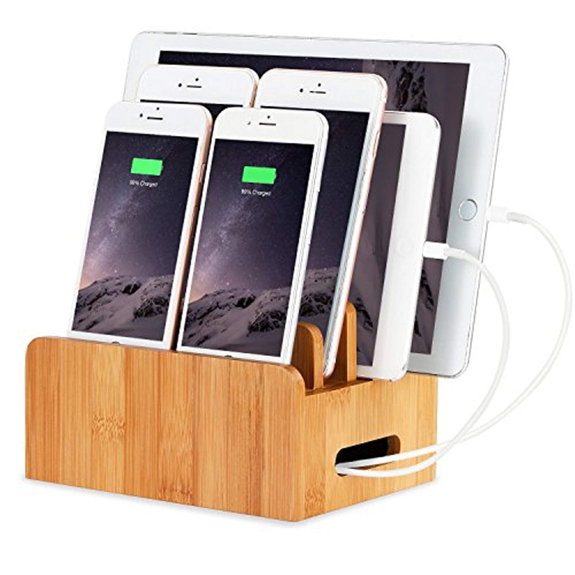 Bamboo Wood Desktop Multi-device Cords Organizer Stand and Charging Station Charger Dock Cradle Holder for iPhone 14 13 12 11 Pro Max XS iPad Mini 4 5 Samsung OnePlus LG Smartphones and Tablet