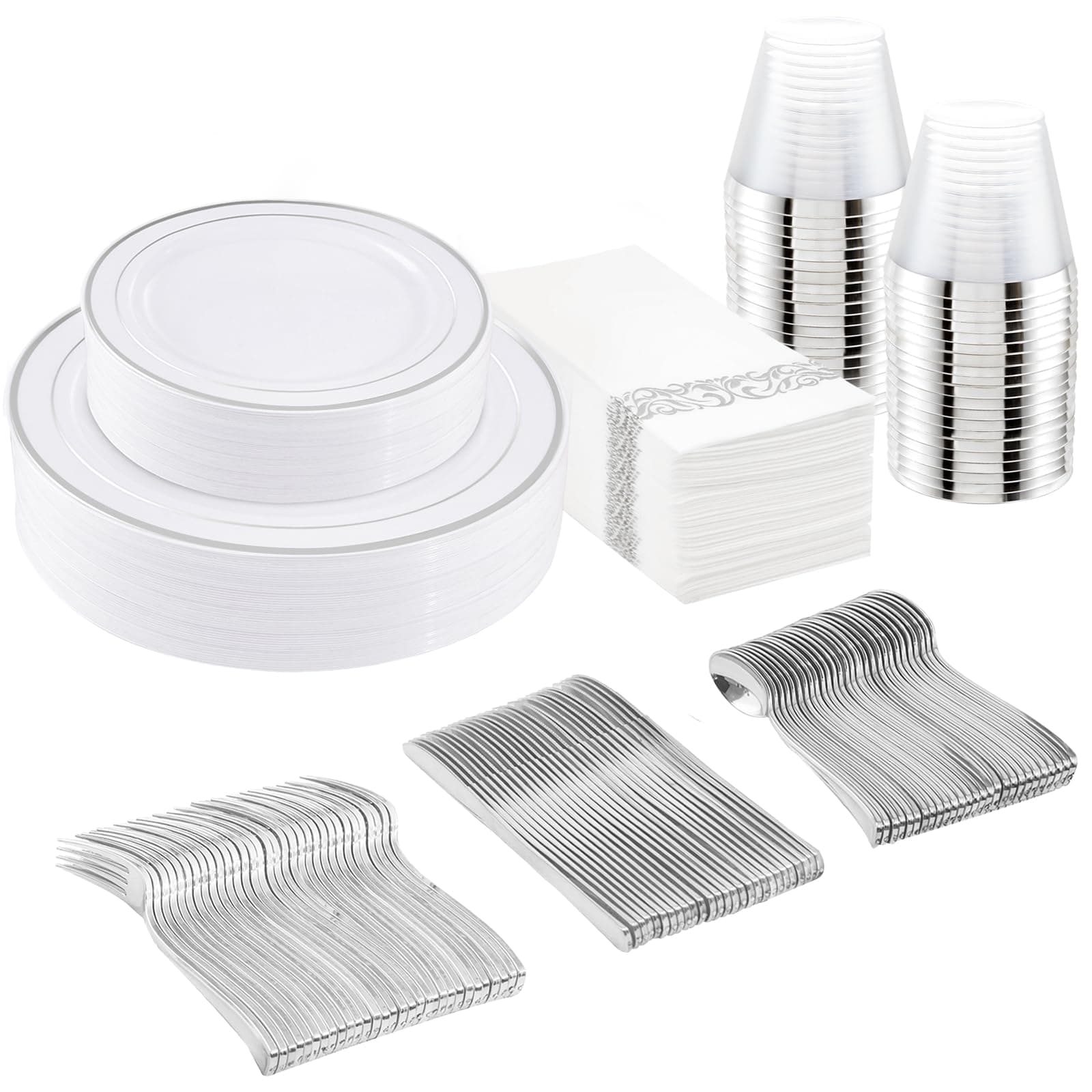 175Pcs Silver Plastic Dinnerware Set, Plastic Plates Disposable for 25 Guests Include:25 Dinner Plates, 25 Dessert Plates, 25 Paper Napkins, 25 Cups, 25 Silver Plastic Silverware Set