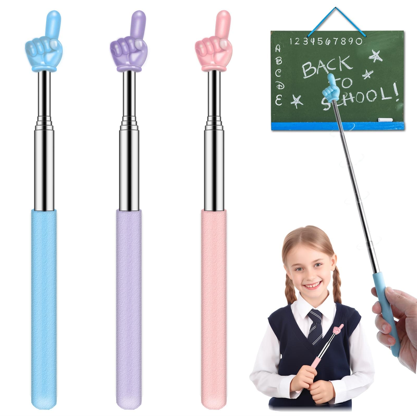 Retractable Teacher Pointer for Classroom Kids Reading, Extendable Finger Pointer Stick for School, Collapsible Finger Pointing Stick, Long Telescoping Hand Pointer, -3 Pack: Blue, Pink, Purple