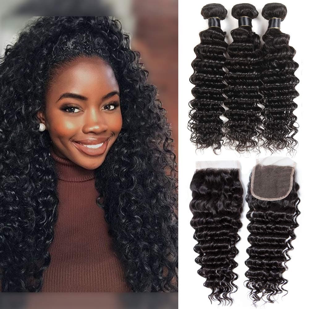 ELIGHTY Deep Wave Bundles with Closure - 8A 100% Unprocessed Virgin Human Hair, 4x4 Free Part Lace Closure and Bundles Human Hair Extensions Natural Color (12 14 16+10Closure)