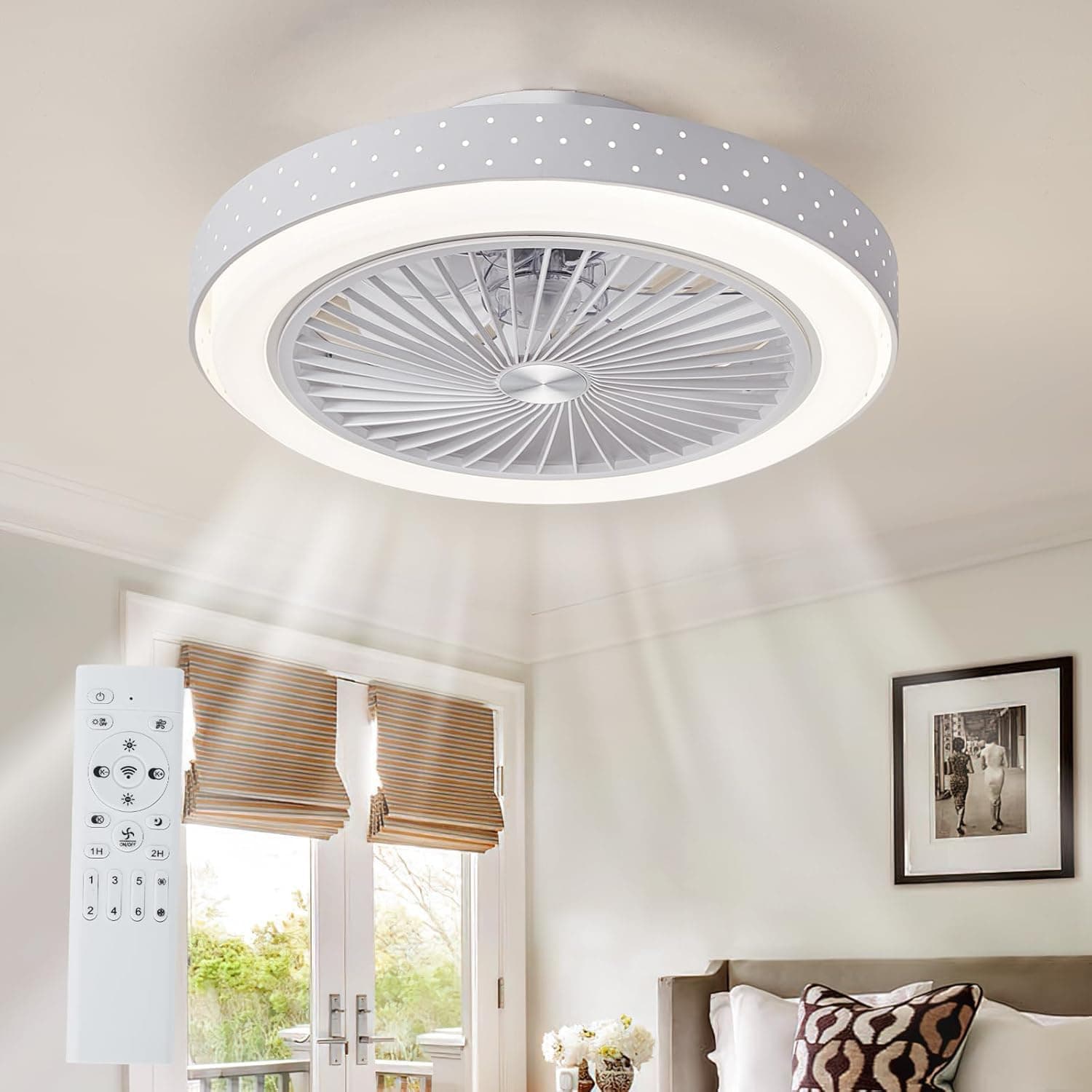 RIYNFO Ceiling Fans with Lights and Remote,Flush Mount Bladeless Ceiling Fans with Lights Reversible,20 inch 6 Speeds 3CCT,Dimmable for Kitchen,Bedroom