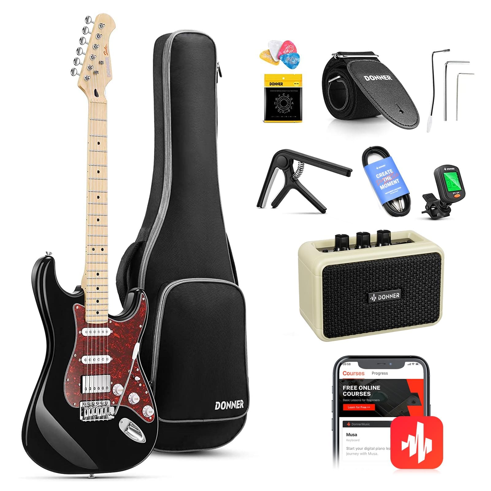DST-152B 39" Electric Guitar Kit HSS Pickup Coil Split with Amp, Bag, Accessories, Black Solid Body Guitarra Electrica