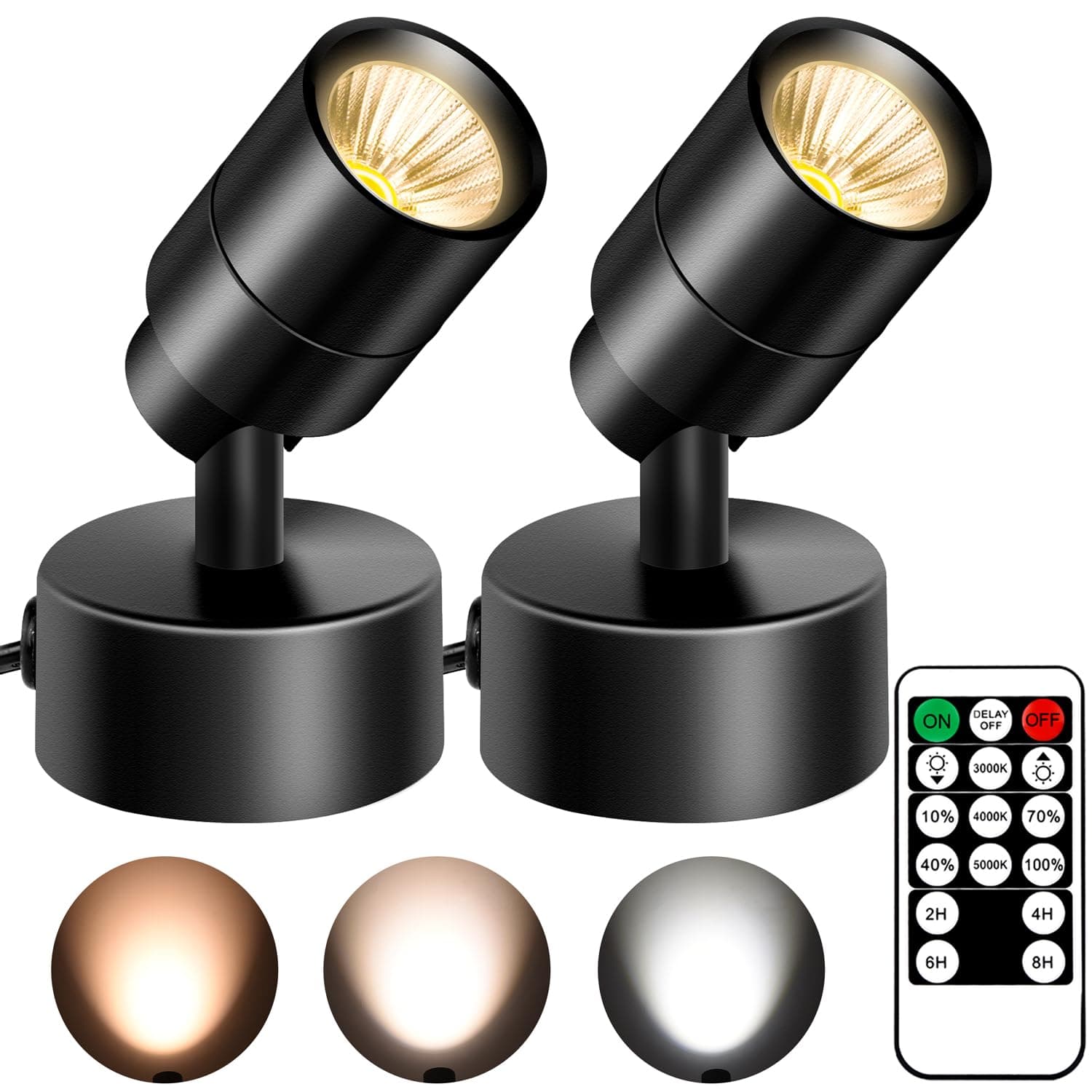 2 Pack LED Spot Lights - Dimmable with Timer & Remote,3W 3000K-5000K, 5.9FT Cord for Paintings,Wall Art, Indoor Plants & Home Accent Lighting