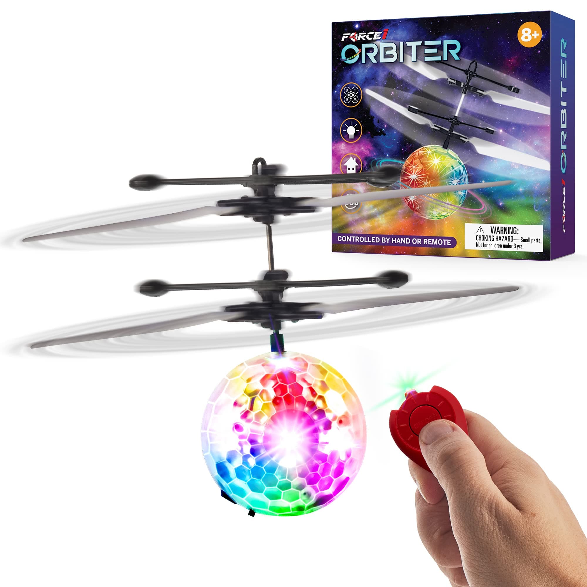 Force1 Orbiter Flying Orb Ball Toy Hand Operated Spinner Drones for Kids - Mini UFO Drone Toys with Remote, Rechargeable LED Indoor Floating Hover Hand Controlled Orb Toys