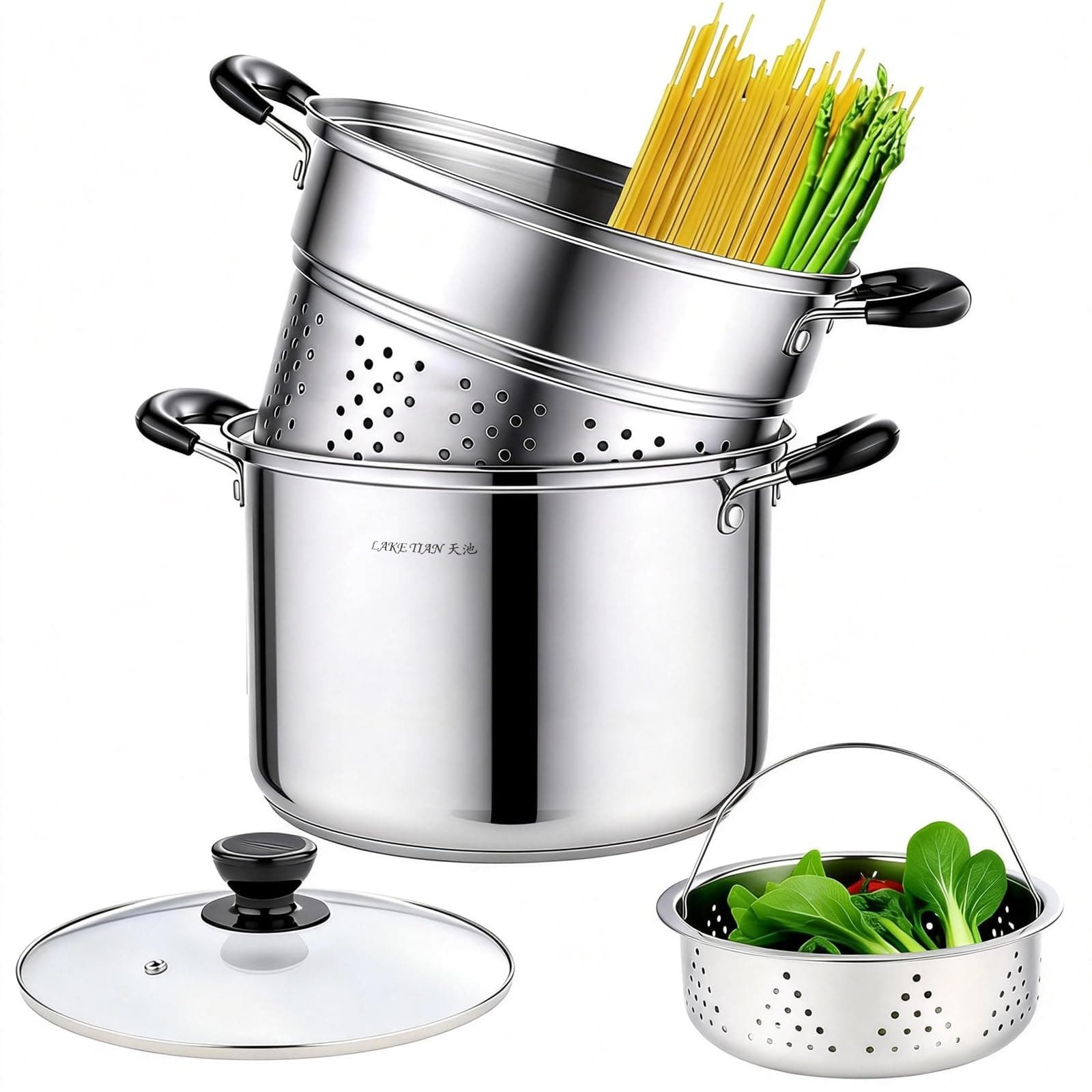 Stainless Steel Pasta Pot With Strainer Insert 4pc 10 Quart, Steamer for cooking, Spaghetti Pot, Stock & Pasta Pots Multipots, Steamer Set With Basket With Lid, Induction Compatible