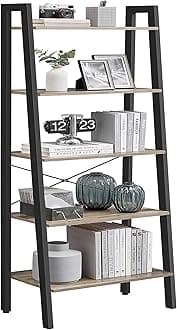 Ladder Shelf, 5-Tier Bookshelf, Storage Rack, Bookcase with Steel Frame, for Living Room, Home Office, Kitchen, Bedroom, Industrial Style, Camel Brown and Ink Black ULLS045B50