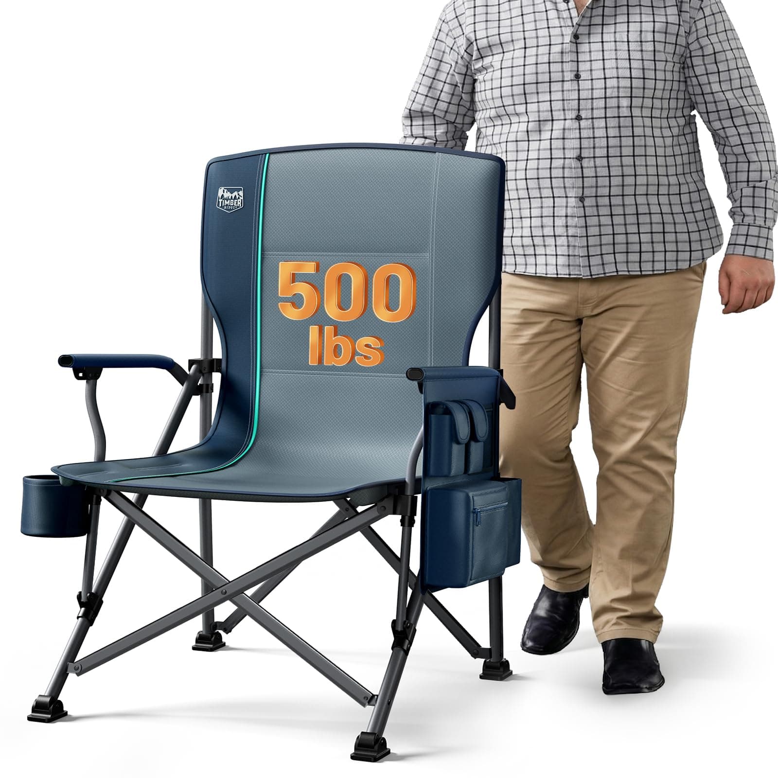 Oversized Folding Camping Chair High Back Heavy Duty for Adults Support up to 500lbs with Cup Holder, Side Pocket Cooler Bag