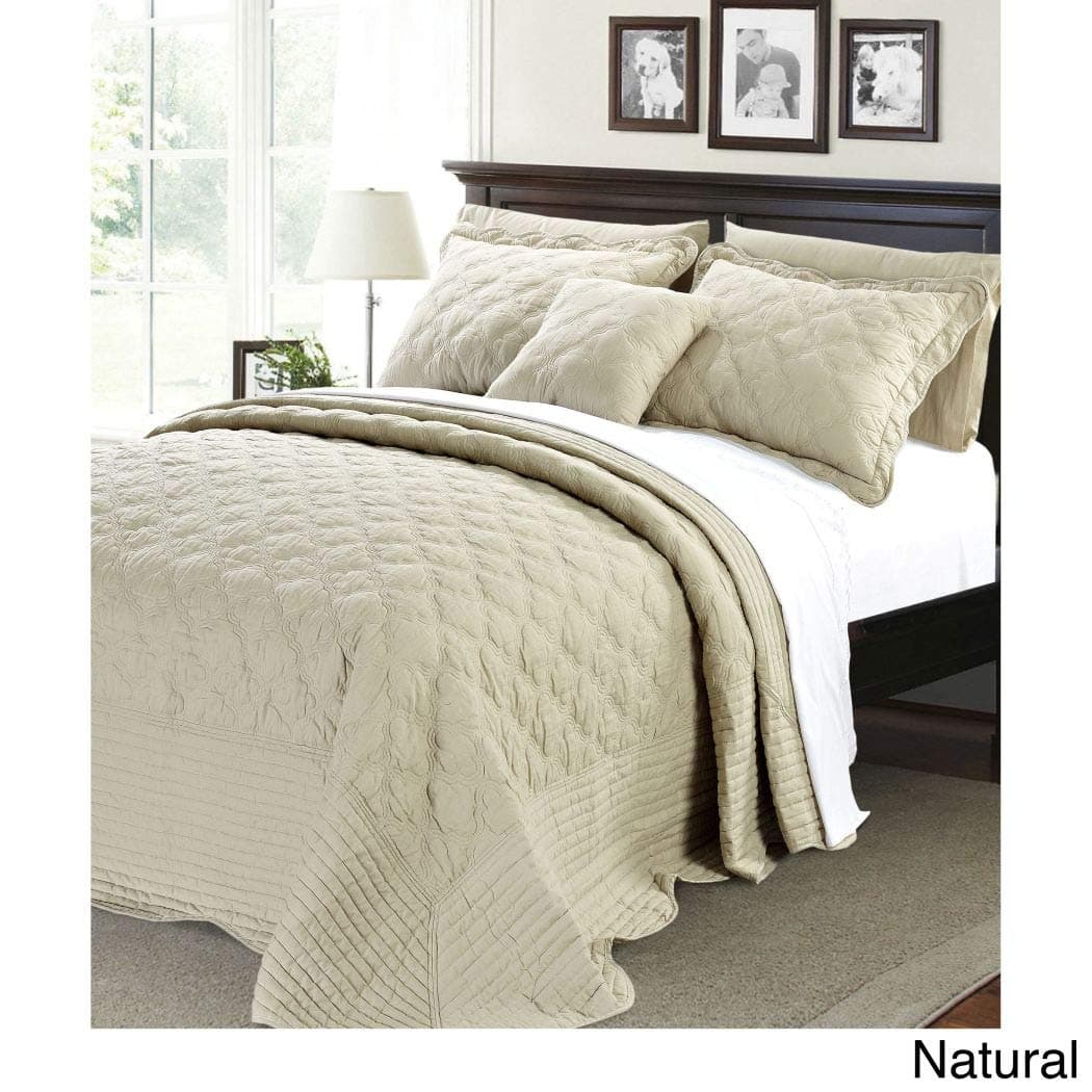 OSD Black 4pc 110 X 120 Natural Cream Oversized Bedspread Queen Floor Set, Quatrefoil Cotton Polyester, Extra Long Quilt Bedding Drops Over Edge Bed Hangs Side Frame Wide Large French Country Classic