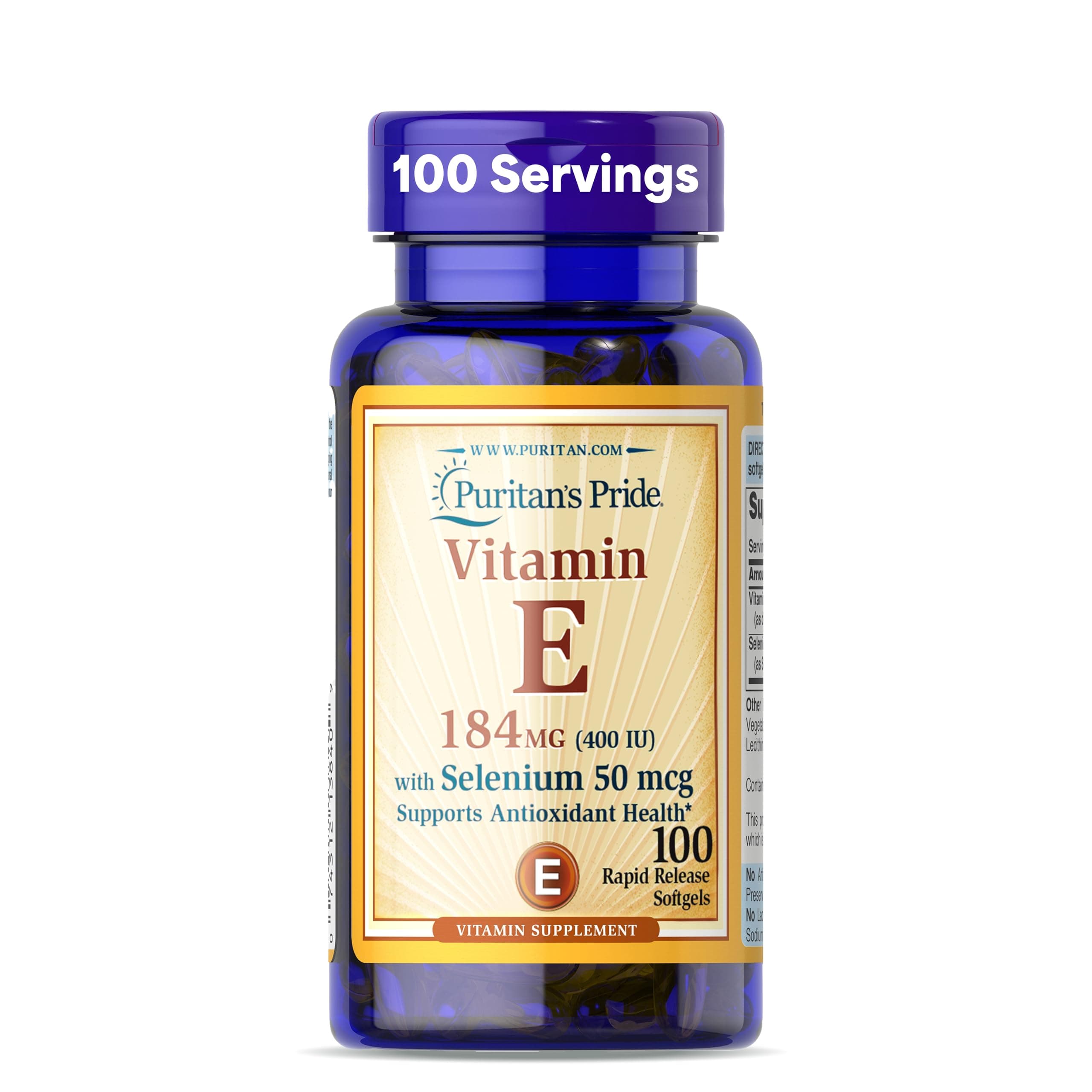 Puritan's Pride Vitamin E 184mg (400 IU) with Selenium 50mcg, Vitamin Supplement For Immune System and Antioxidant Health Support, 3 Month Supply, 100 Rapid Release Softgels