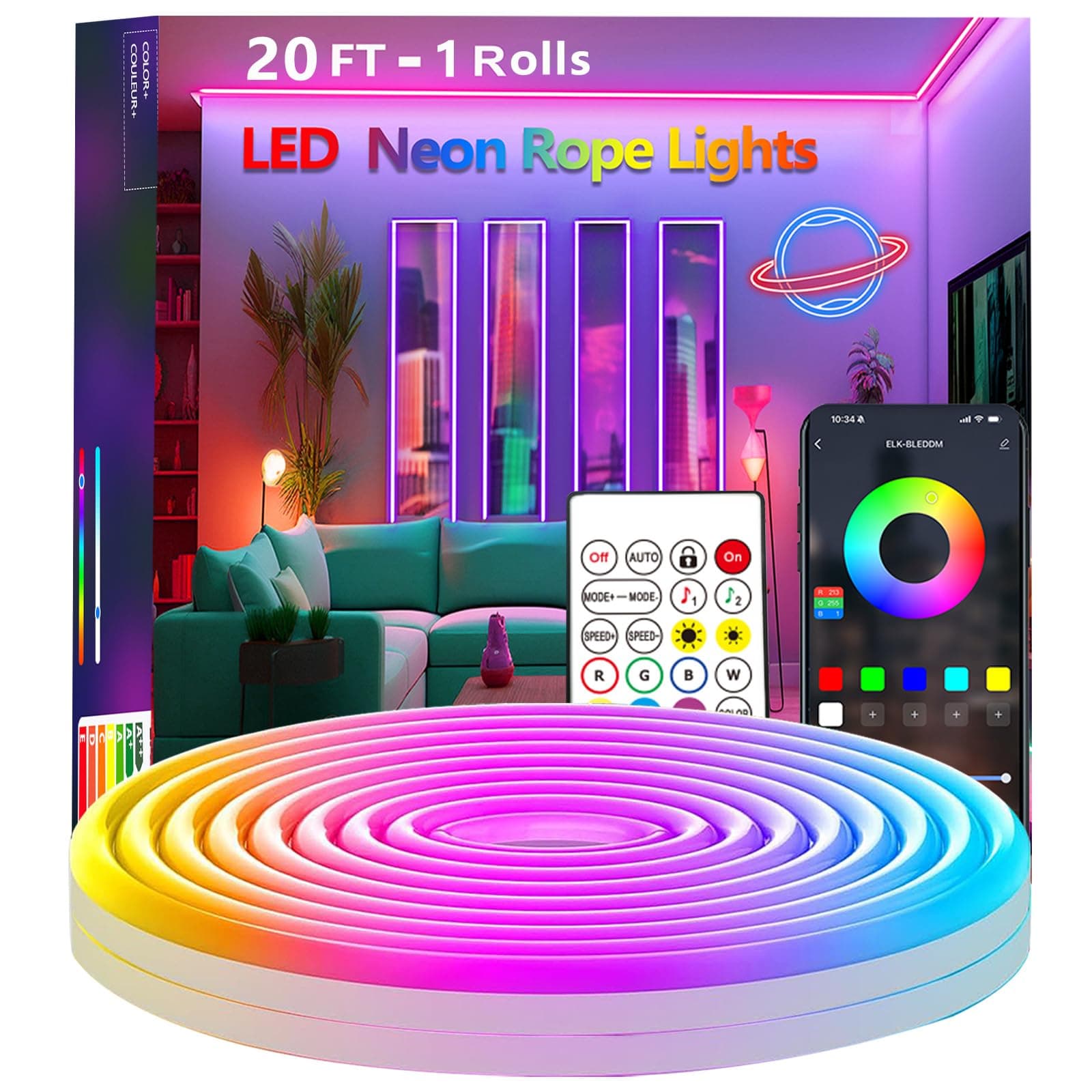 20Ft Neon Rope Lights,Flexible Led Rope Lights Control with App/Remote,Multiple Modes Rope Lights,IP65 Outdoor Waterproof,Music Sync Light Strip for Bedroom