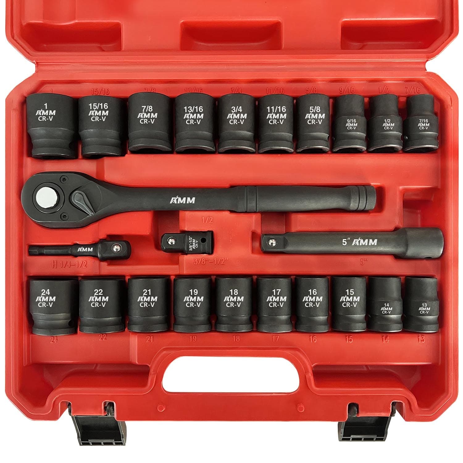 AMM 1/2" Drive Master Impact Socket Set, 24-Piece Shallow Standard SAE (7/16-Inch to 1-Inch) & Metric (13-24 mm) Sizes, Socket Assortment with Ratchet Handle，Cr-V Steel