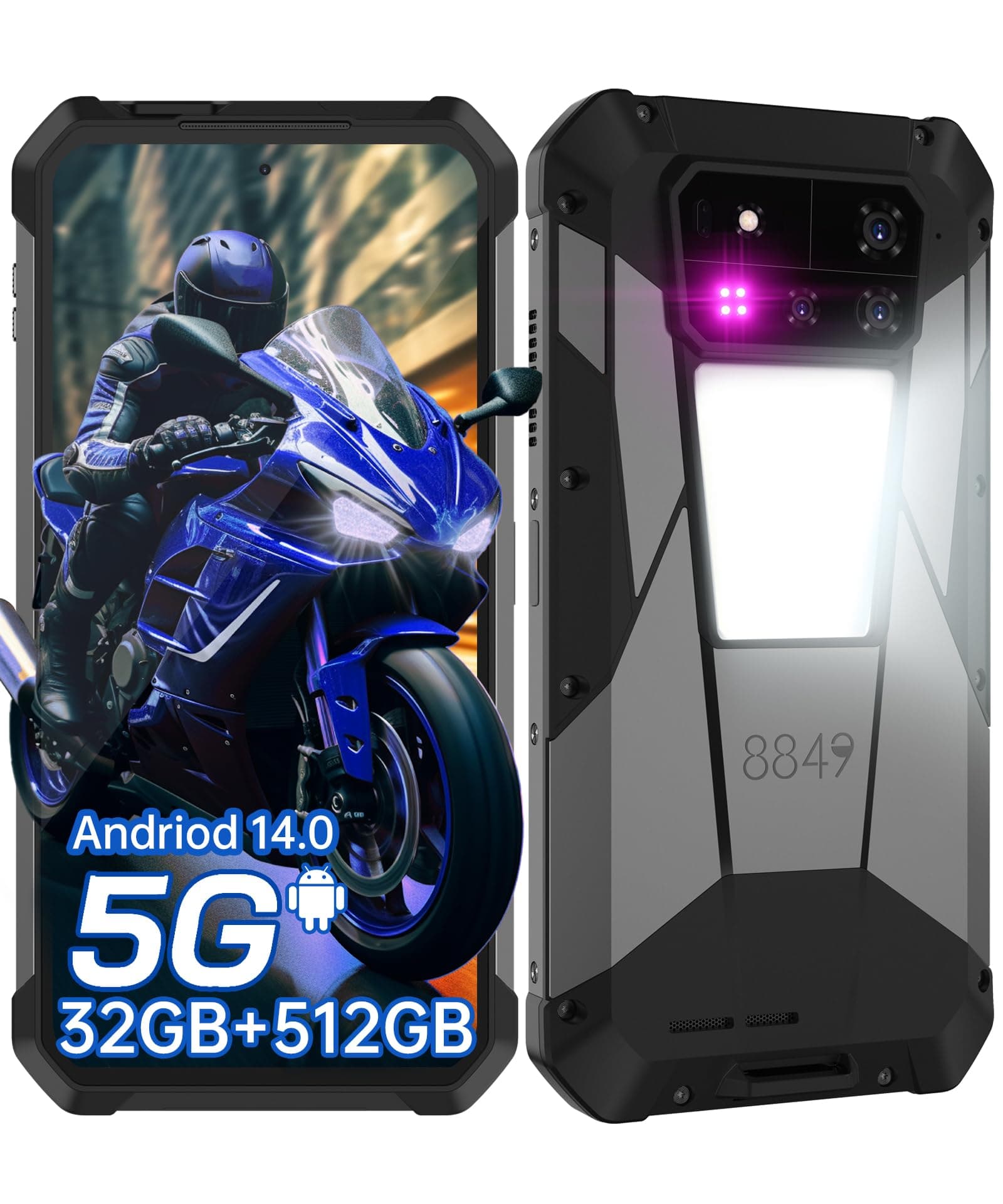 - 8849 Tank 4 Pro Rugged Smartphone 5G, IP68 Waterproof Android 14 Mobile Cell Phones Unlocked with Projector, 32GB+512GB, 6.73’’ AMOLED Screen, 11600mAh(120W)/1200LM Camping Light/GPS/OTG