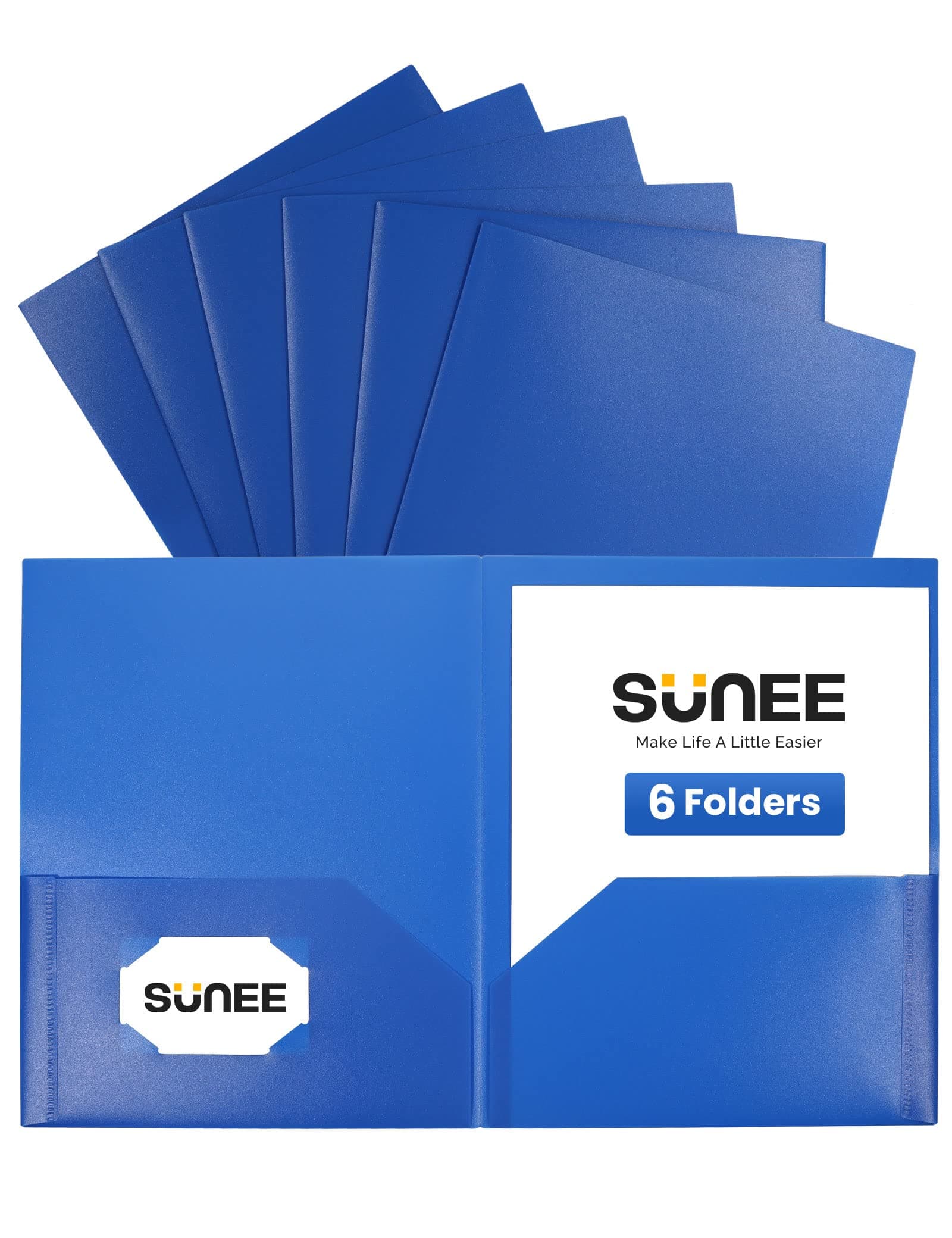 SUNEE 2 Pocket Folders (6 Pack, Blue) Heavy-Duty Plastic Folders with Pockets, Fit 8.5x11 Letter Size Paper, 2-Pocket File Folders for Kids, Home, School, Office