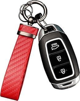 Carbon Fiber Keychain, Interior Accessories Leather Key Fob, Car Accessories Key Ring & Anti-Lost D-Ring (Red)
