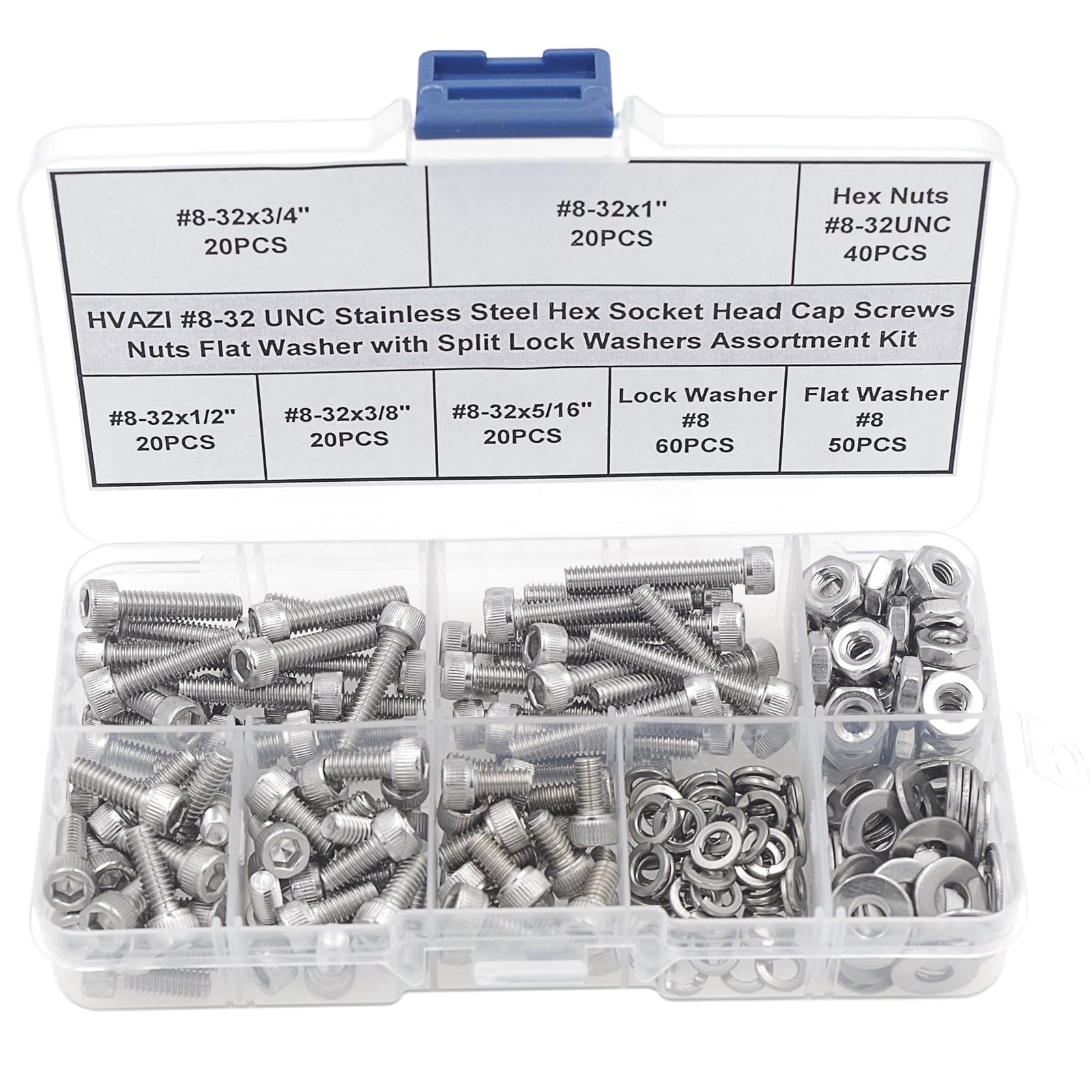 #8-32 UNC Stainless Steel Hex Socket Head Cap Screws Nuts Flat Washer with Split Lock Washers Assortment Kit