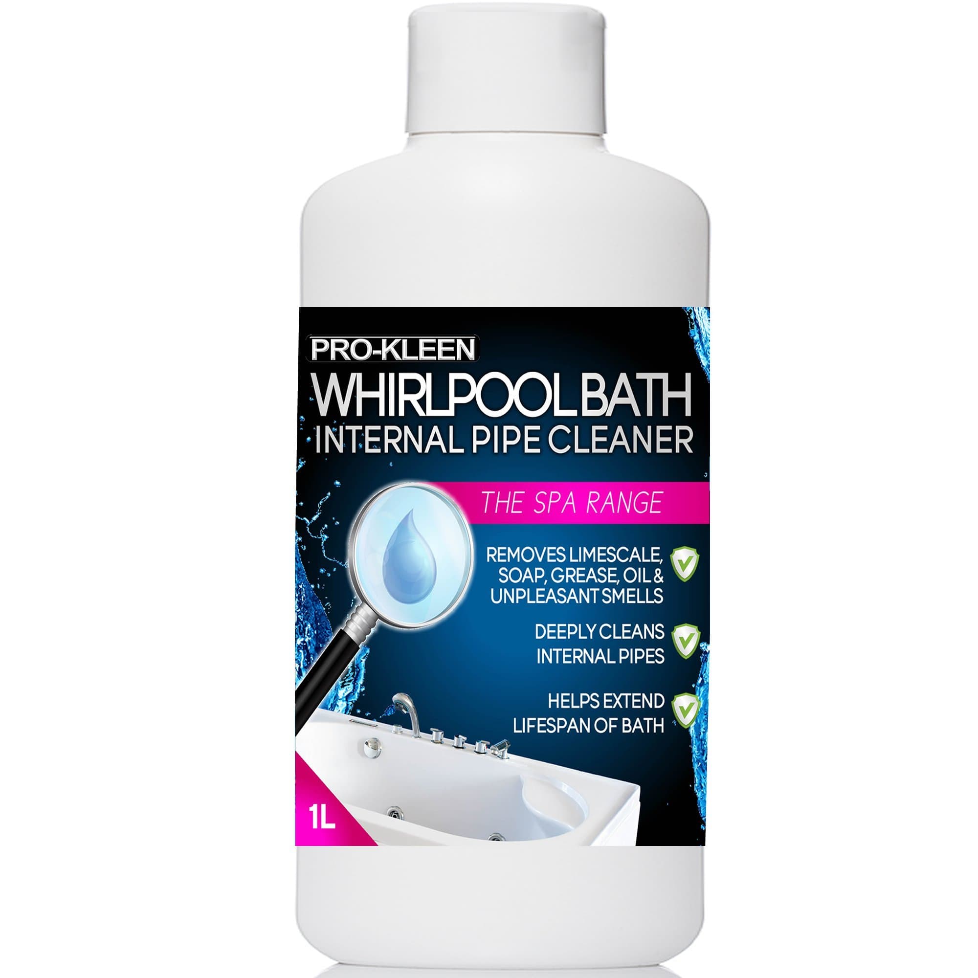 Pro-Kleen Whirlpool Bath Internal Pipe Cleaner (1L) - Provides a Deep, Hygienic Clean to Remove Limescale, Soap, Oil, Grease & Unpleasant Smells from Internal Pipes