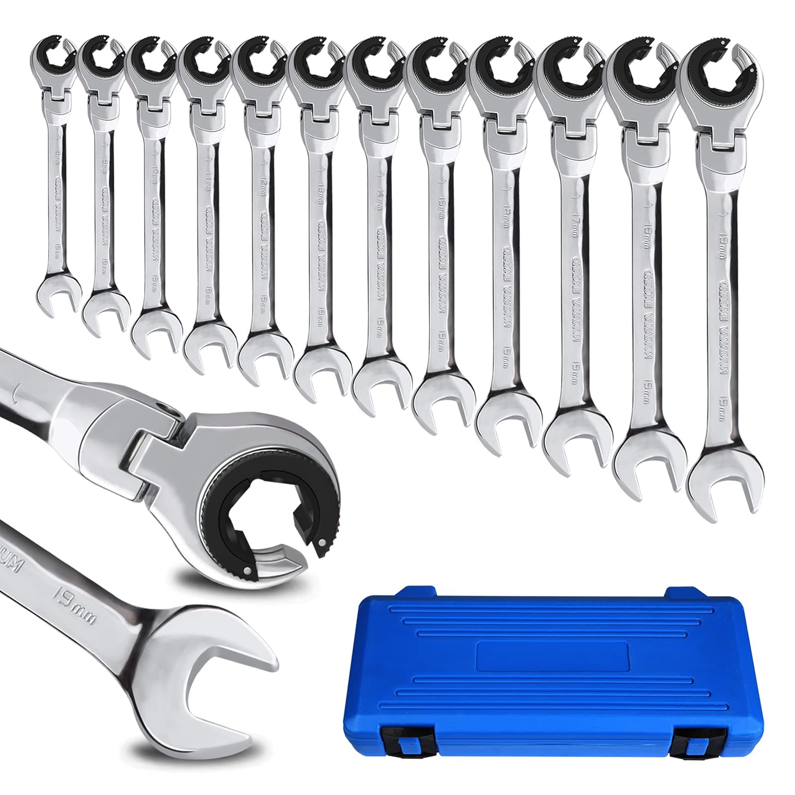 【】 Open Flex-Head Ratcheting Wrench set, Metric Combination Spanner with 72 Teeth, Chrome Vanadium Steel Tubing Ratchet Spanner Set with Carry Case（US and European Patents）