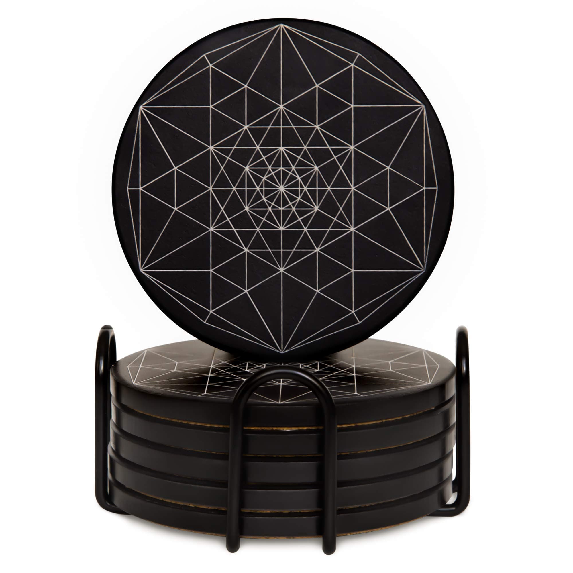 Coasters for Drinks Absorbent - Ceramic Stone Coaster Set of 6 with Holder - Cup Coasters with Anti Scratch Cork Backing - Large Size 4.3" Table Black Modern Cool Coasters - Suit all Types of Glasses