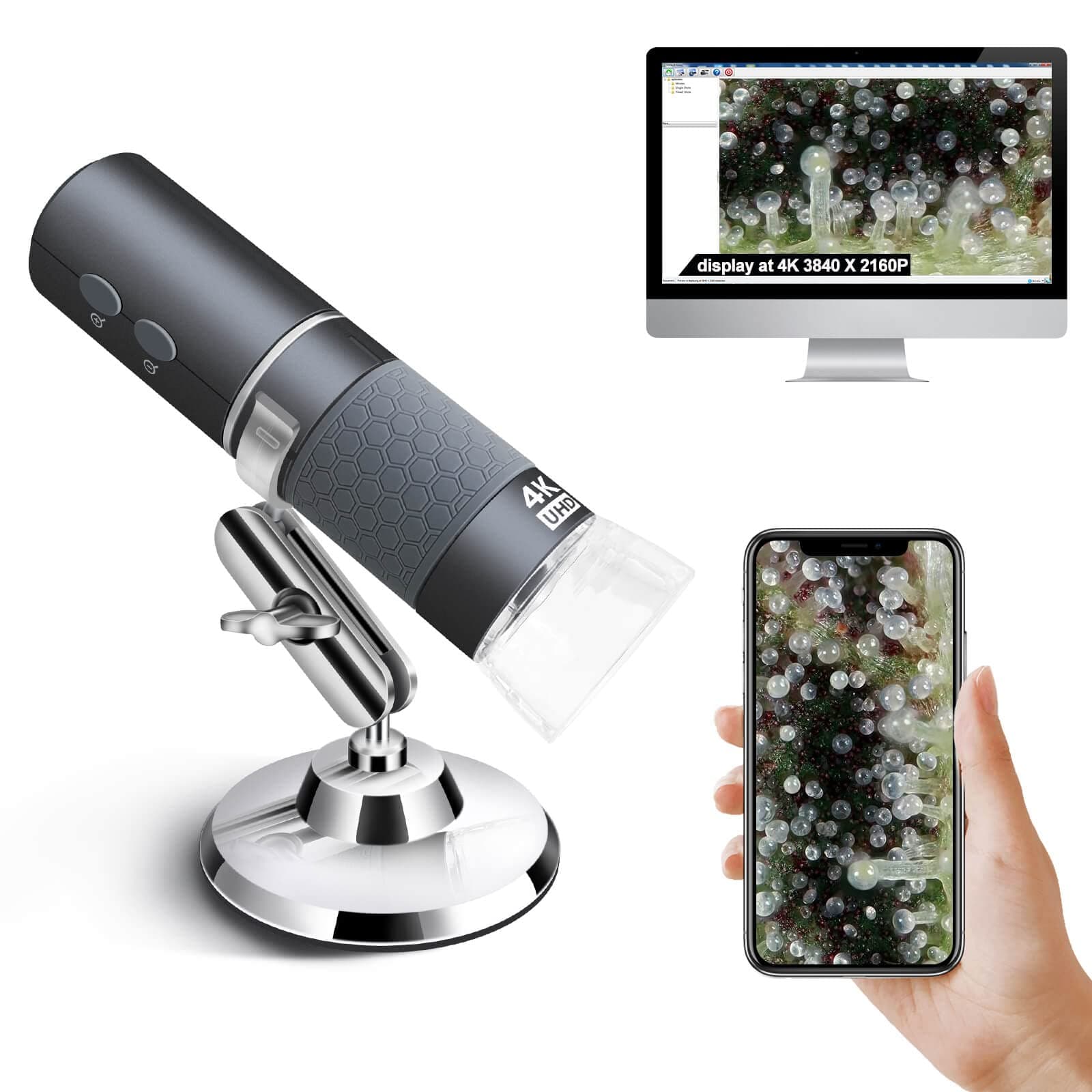4K WiFi Microscope for iPhone Android PC, 50-1000X USB Digital Microscope Wireless Super HD Endoscope Camera Compatible with All Cellphones iPad Android Tablet Windows Mac Chrome Linux