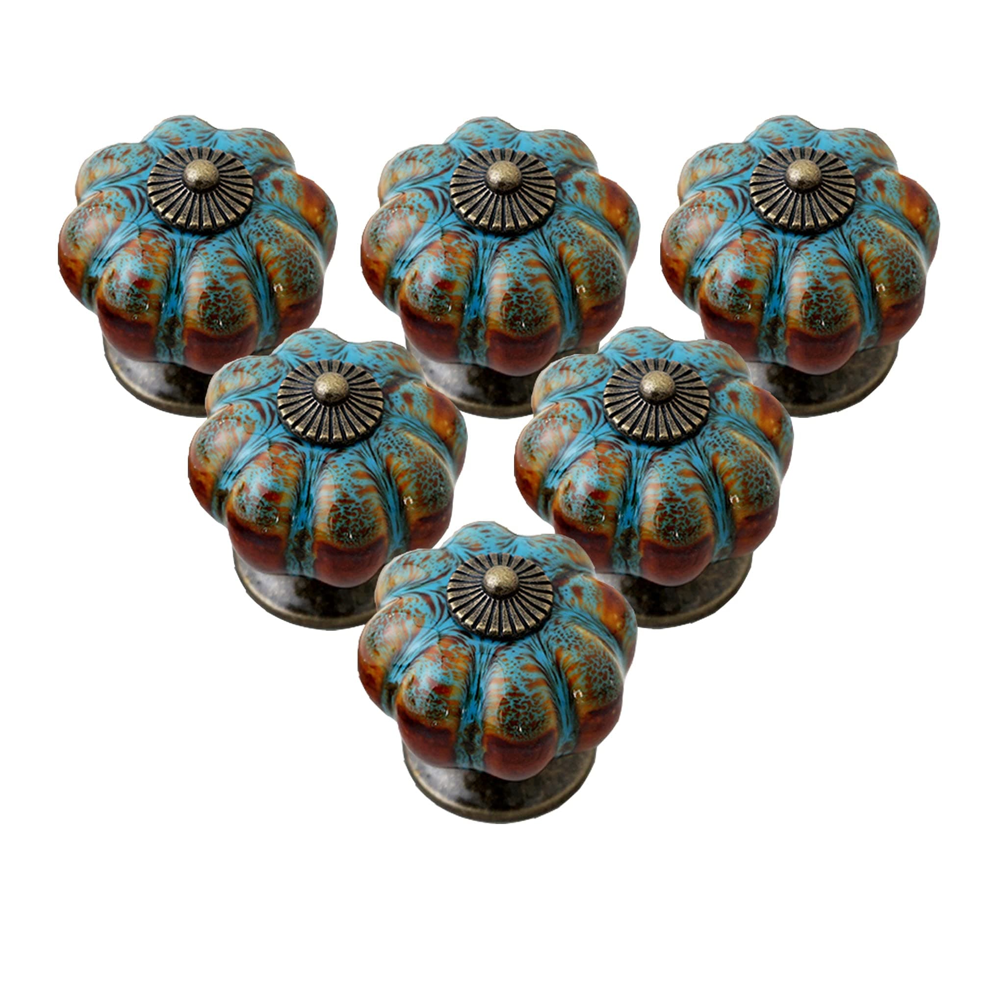 Cabinet Knobs 6 Pack Glazed Ceramic Knobs with Pumpkin Shape for Decor Door Pull Handle for Vintage Cabinet Drawers, Closets, Cupboard (Blue)