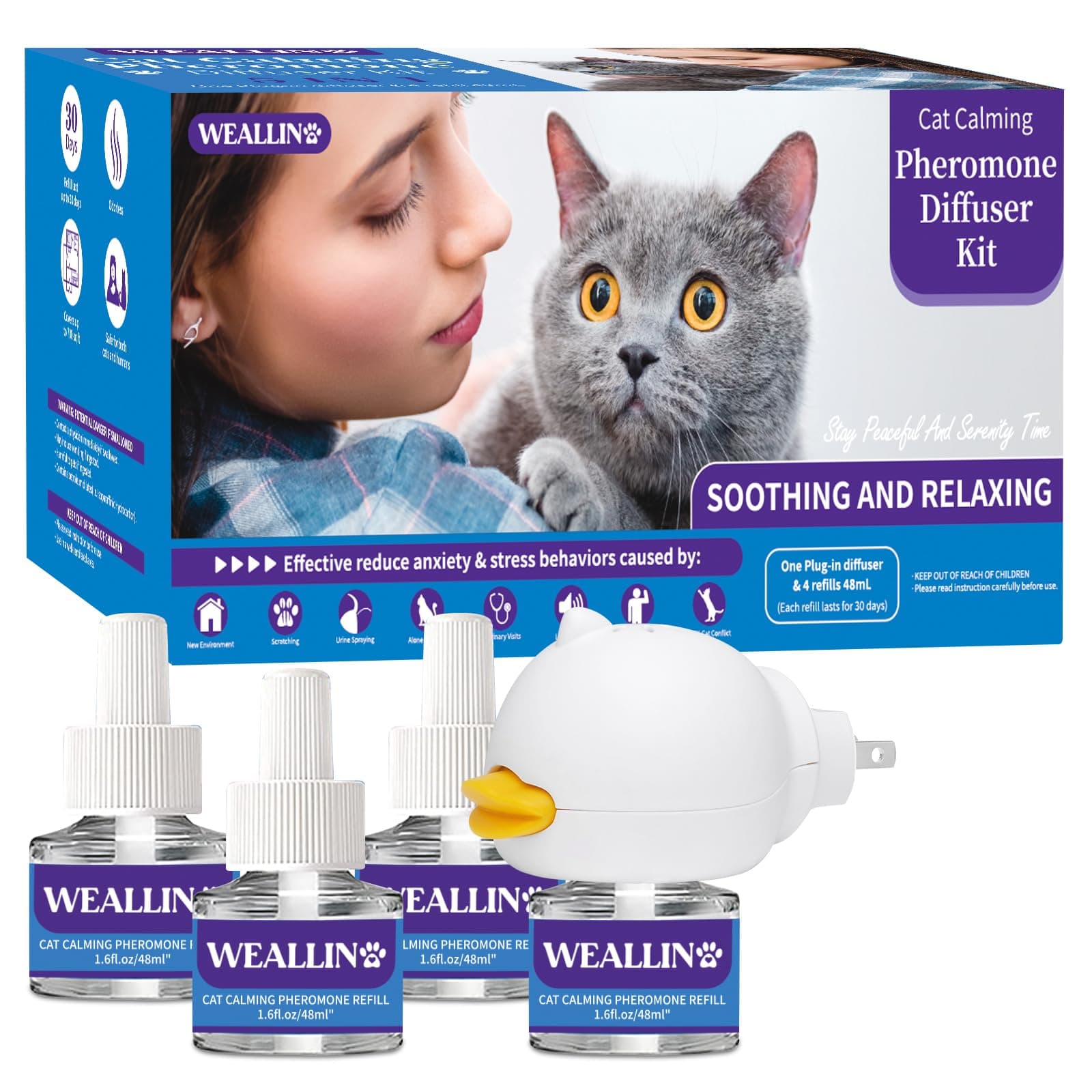 Cat Calming Diffuser Kit - Cat Pheromones Calming Diffuser Relieve Anxiety & Stress - 5-in-1 Cat Pheromone Diffuser Kit with 1 Diffuser + 4 Refill 48ml Vial-120 Days of Comfort and Relaxation