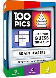 100 PICS Brain Teasers | Travel Game | Flash Cards with Slide Reveal Case | Card Game, Gift, Stocking Filler | Hours of Fun for Kids and Adults | Age 6+