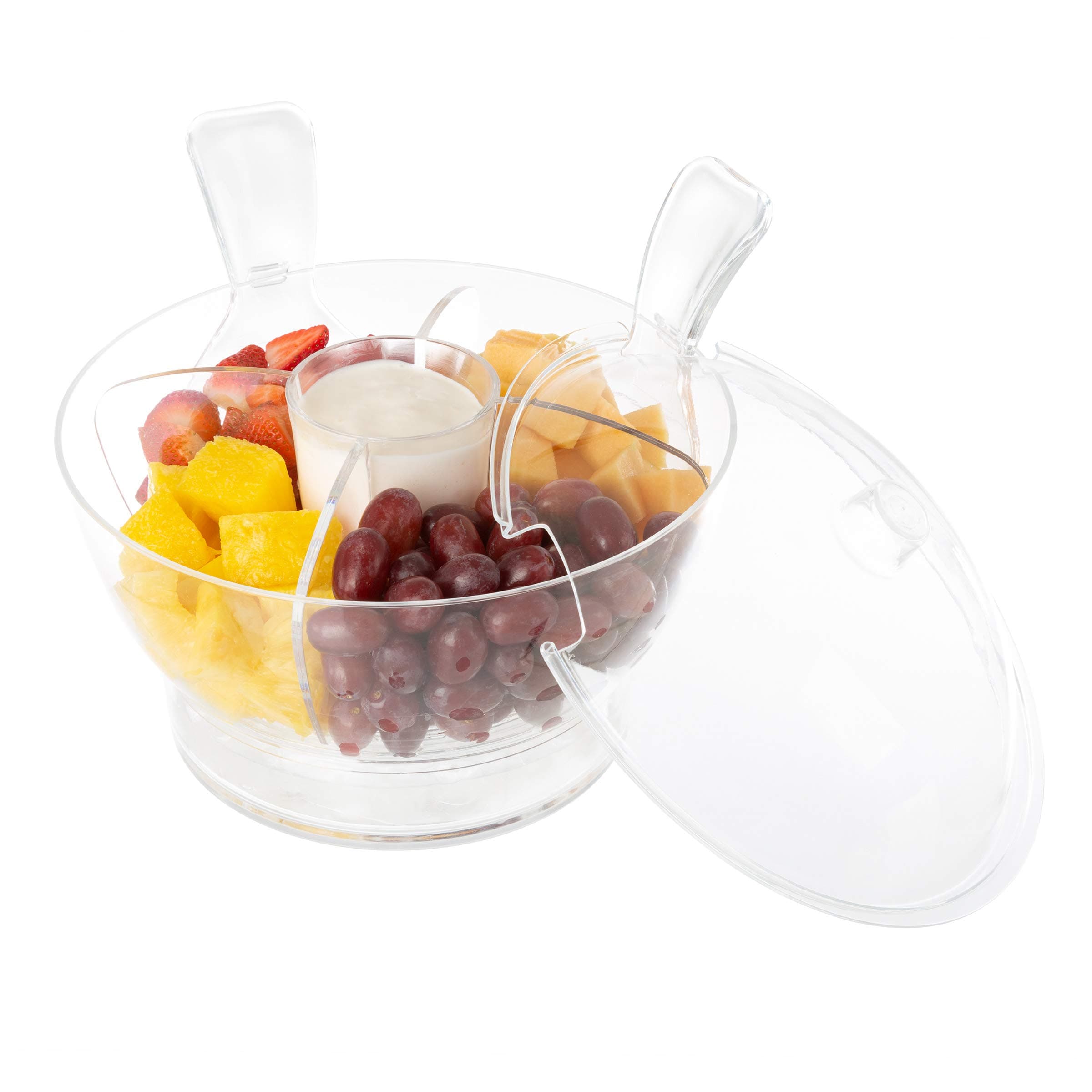 Classic Cuisine Large Cold Server with Lid, Dip Bowl, Serving Utensils, Dividers, and Ice Compartment-for Chips, Punch, Fruit, Salad, 11"x10", Clear