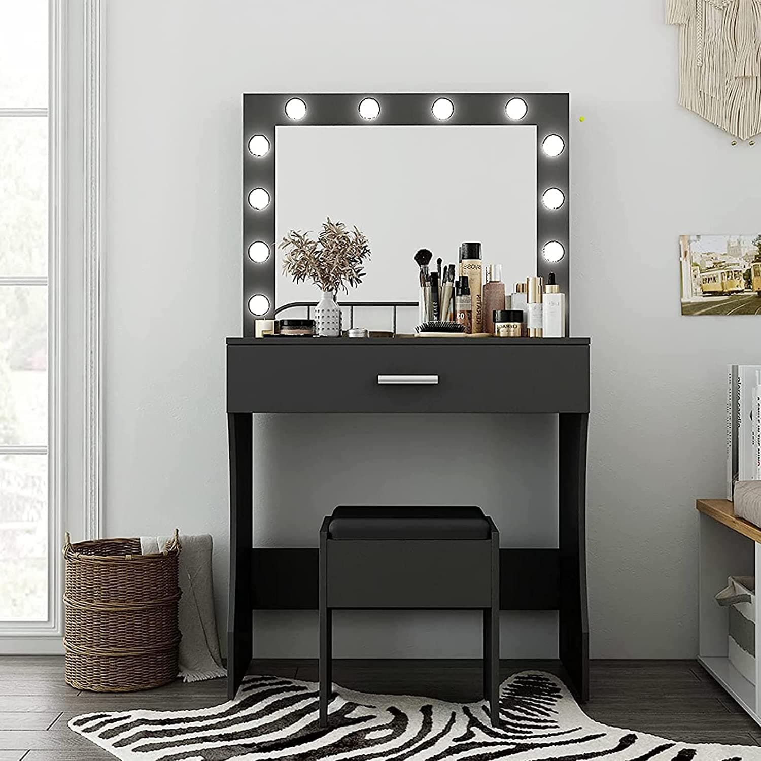 Titoni Vanity Desk, Makeup Vanity with Mirror and Lights, Adjustable Brightness and Sturdy Wood Vanity Large Drawer, 31.5in, Black