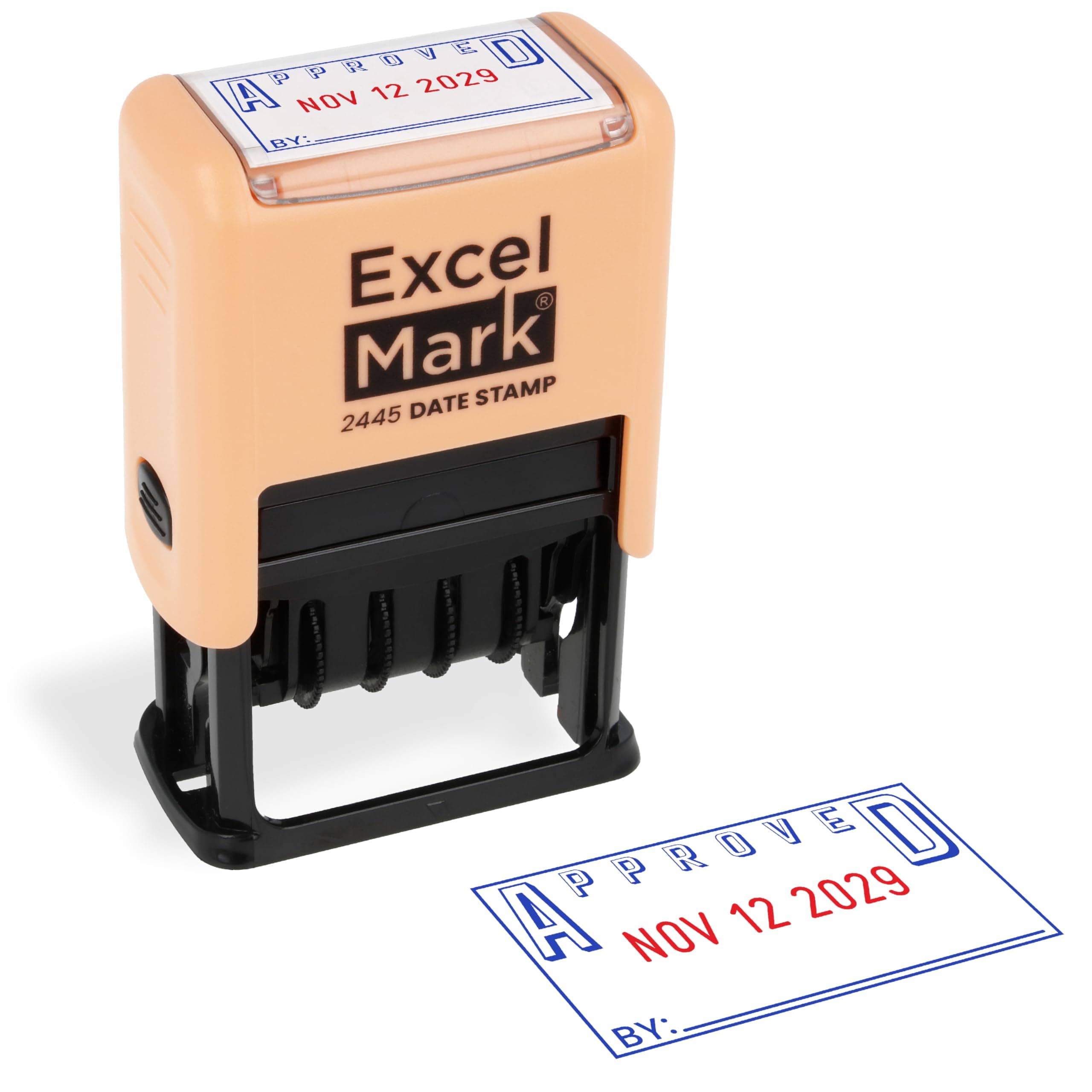 ExcelMark 2445 Date Stamp with Text - Blue and Red Ink (Peach Mount, Approved)