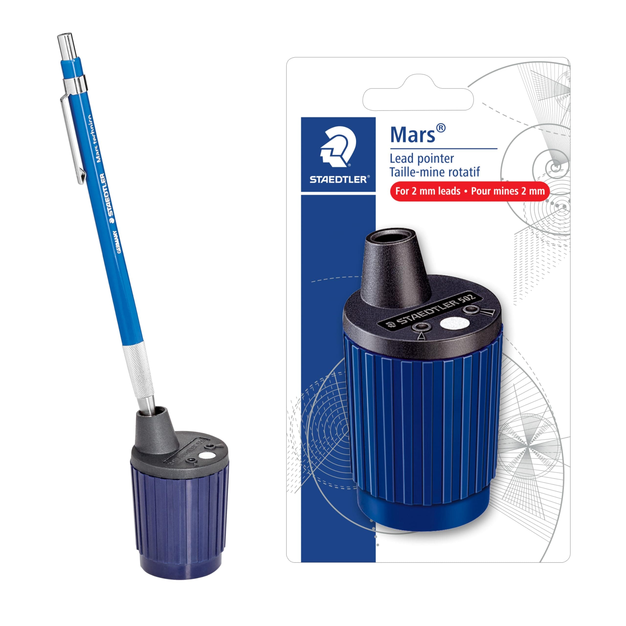 Mars Lead Pointer - Precision Mechanical Pencil Sharpener with Auto-Stop for 2mm Pencils - Rotary Action with Dust Wiper & Adjustable Cone
