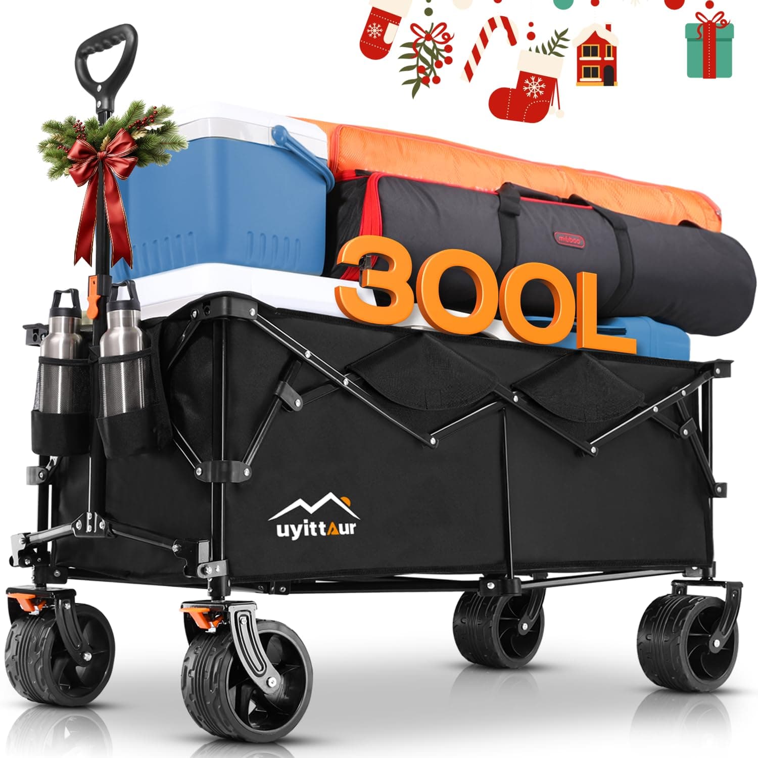 300L Extra Large Collapsible Foldable Wagon, 440lbs Load Capacity 48''L Extended Heavy Duty Folding Beach Wagon with Big All-Terrain Wheels, Utility Garden Cart for Outdoor Activities, Black