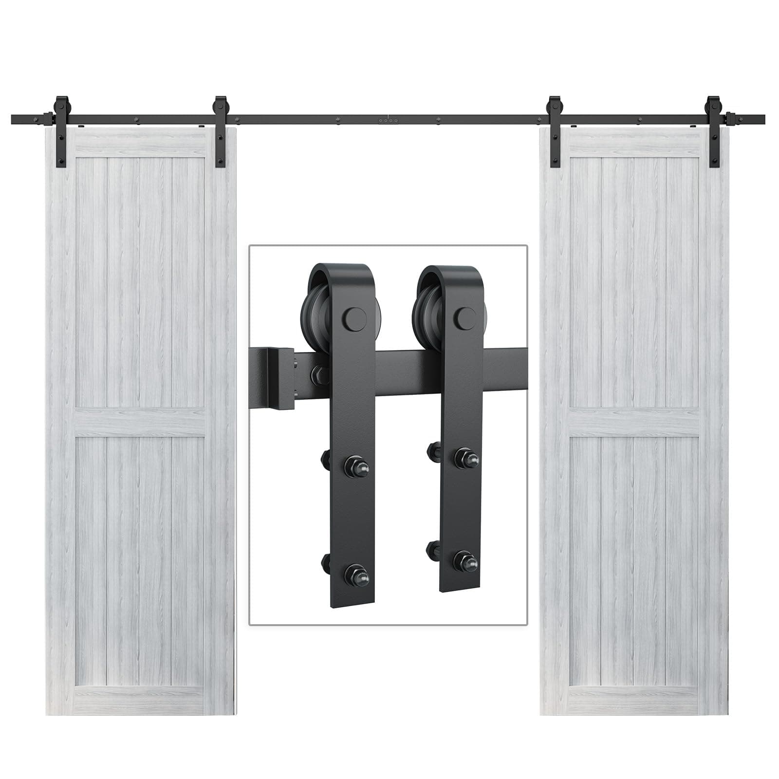 Genius Iron 10FT Double Barn Door Hardware Kit, Classic Design Standard Track with Upgraded Nylon Bearings, for 30in Wide Sliding Door Panel, Easy Installation Basic J