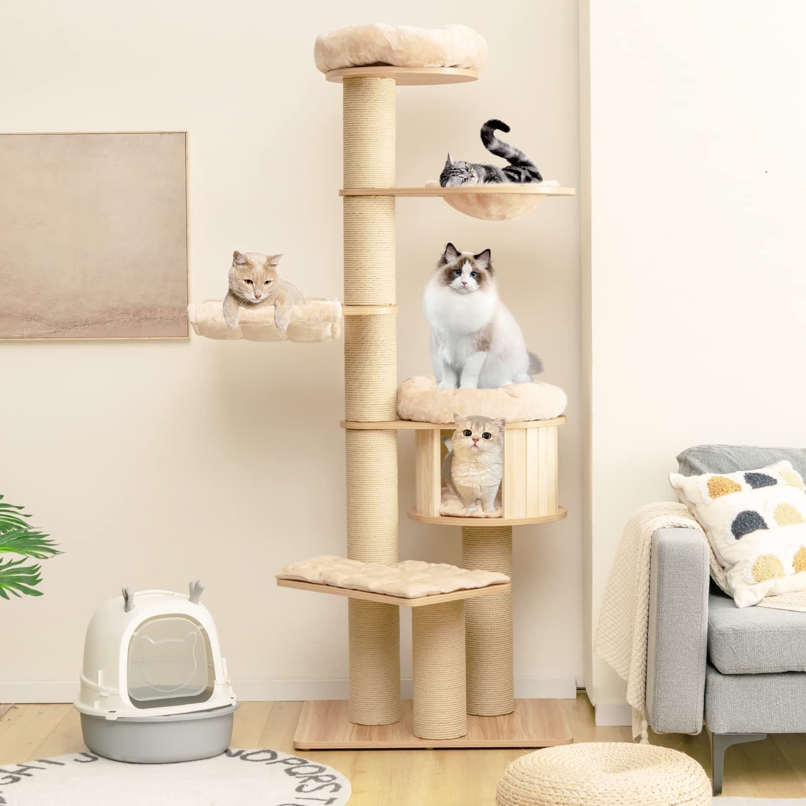 Tangkula Modern Cat Tree, 6-Tier Multi-Level Cat Tower with Cat Condo, Hammocks & Hanging Basket, Tall Cat Tree with Sisal Posts, Washable Cushions, Natural 75''
