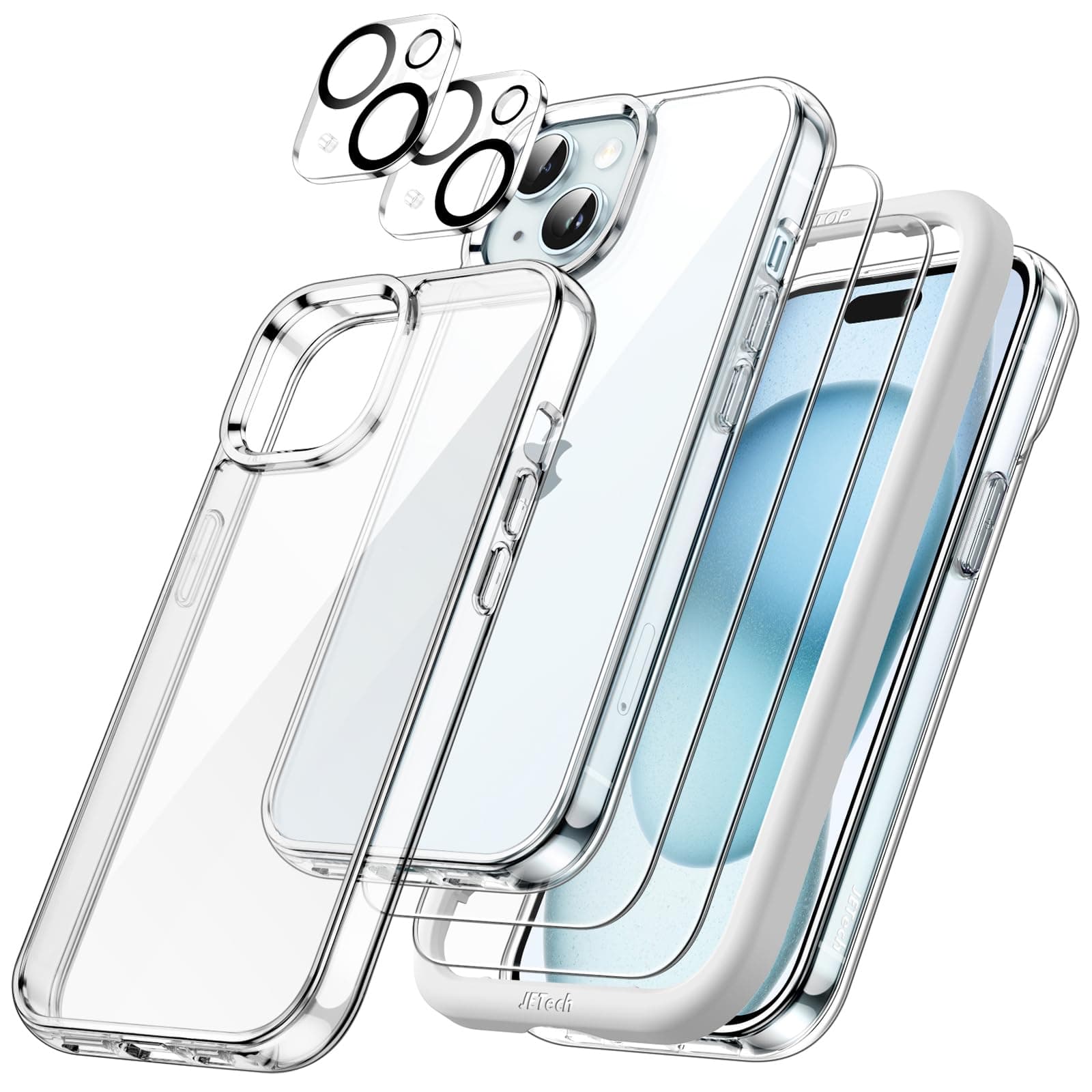 JETech 5 in 1 Case for iPhone 15 6.1-Inch with 2-Pack Each Tempered Glass Screen Protector and Camera Lens Protector, Non-Yellowing Shockproof Bumper Phone Cover (Clear)