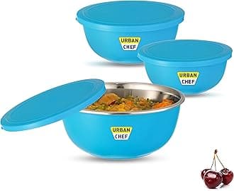 URBAN CHEF Microwave Safe Bowl Sets, Bowl, Serving Bowl with lid |16.91,25.36,42.27 Ounce| Flora Stainless Steel Serving Bowls, Microwave Oven Bowl Set of 3 with Lid- Blue