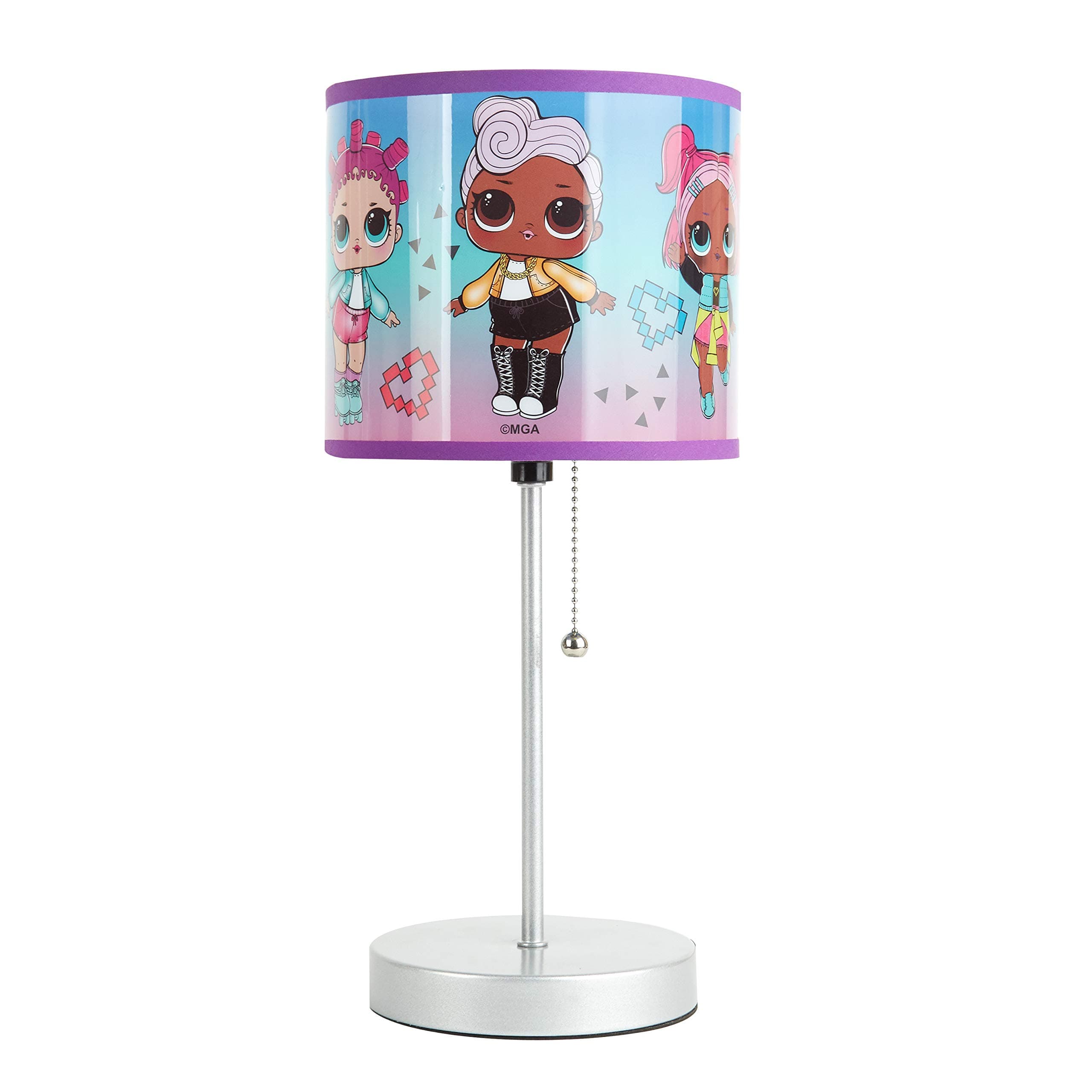 LOL Surprise Kids Stick Table Lamp,Pull Chain On/Off with Themed Printed Decorative Shade, Bedroom & Playroom Lighting