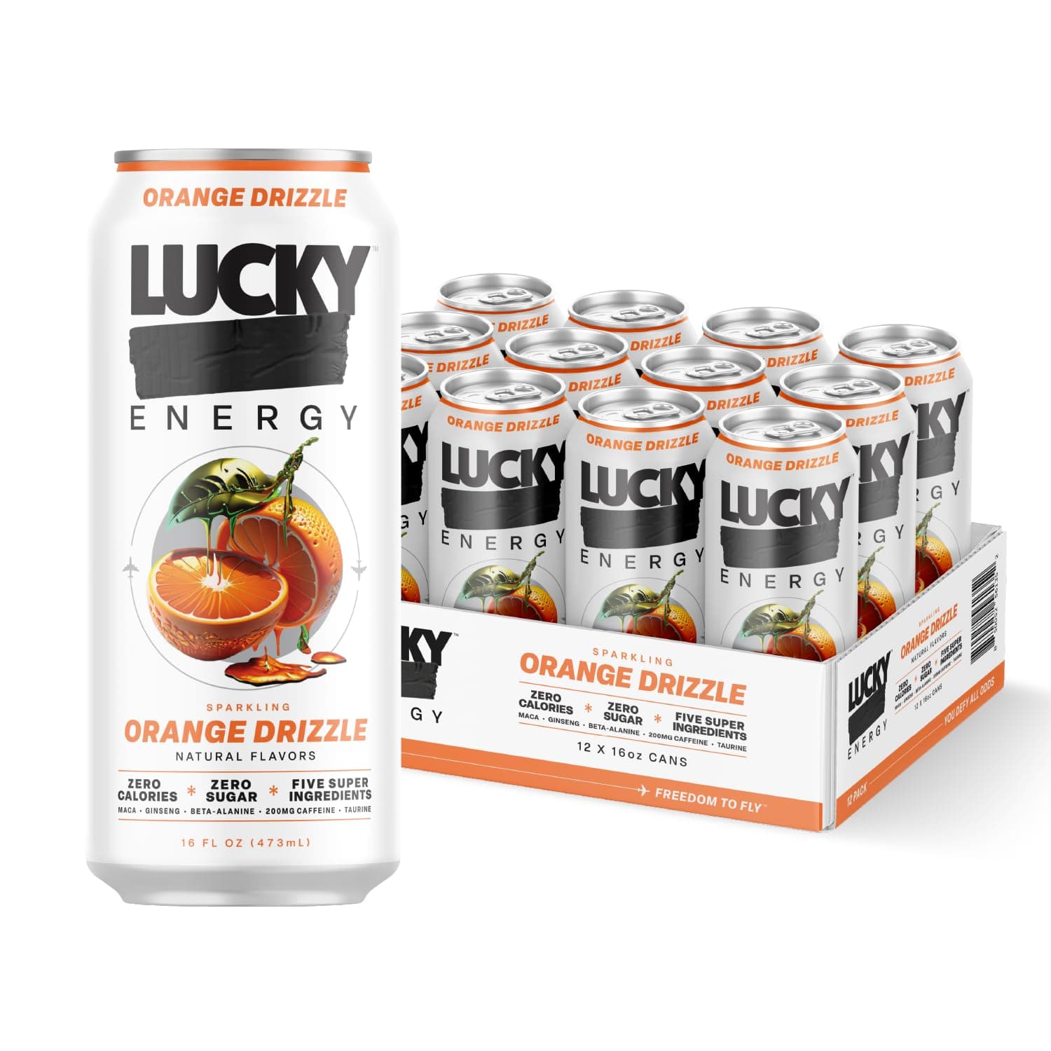 Lucky Energy Sugar Free Energy Drinks, Orange Drizzle, 16oz Cans (12-Pack) Healthy, Zero Sugar Energy Drink with Maca, Ginseng, Beta-Alanine, Taurine & 200mg Caffeine