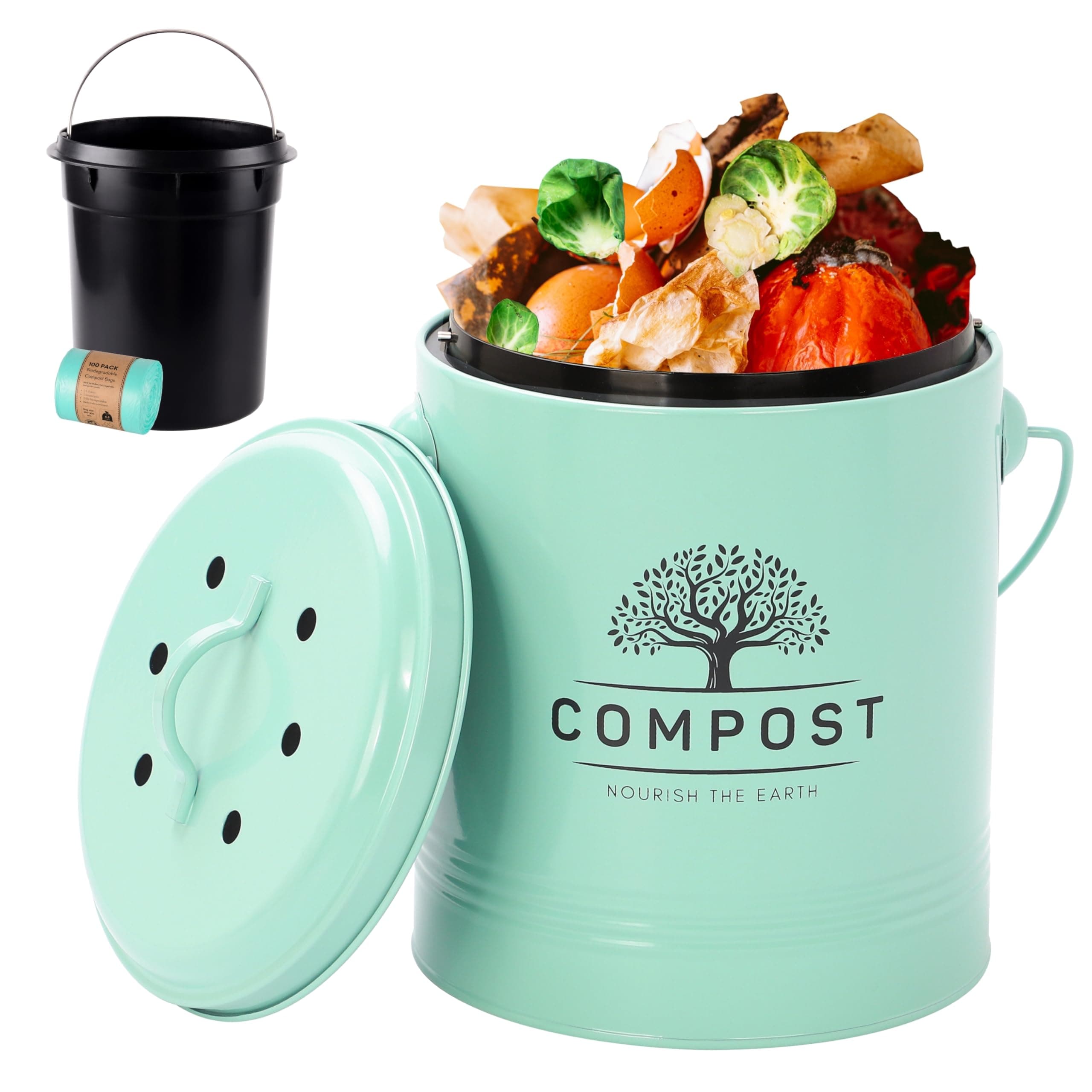 Perfnique Kitchen Compost Bin, 1.3 Gallon Countertop Compost Bin with Lid, Indoor Compost Bucket Includes Inner Bucket Liner and Carbon Filter, Small Compost Bin with Trash Bags (with Bags, Mint)