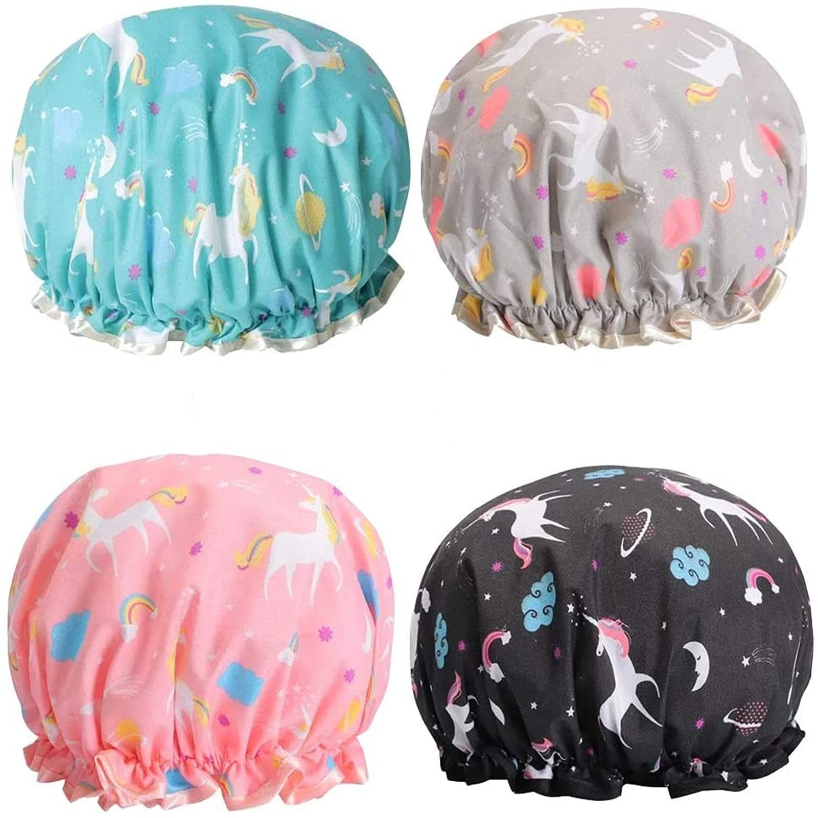 4 Pack Unicorn Shower Caps, Double Layer Waterproof Shower Hat Reusable Elastic Band Bath Caps Perfect for Women and Girls Shower Spa